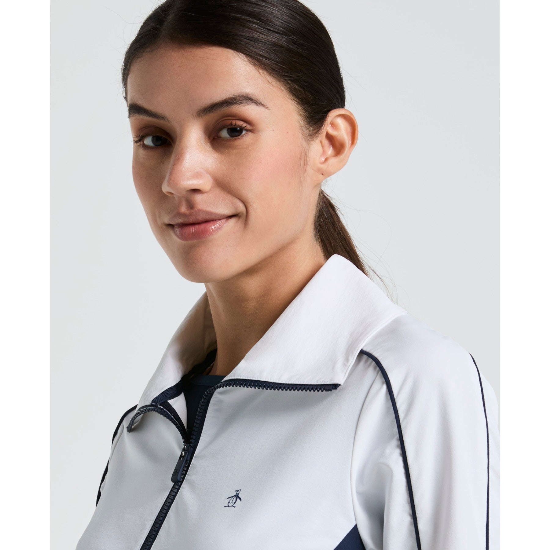 Original Penguin Women's Cropped 1/4 Zip Colour Block Tennis Jacket In Bright White(Womens Cropped 14 Zip Colour Block Tennis Jacket White O1jsf002gg 118)