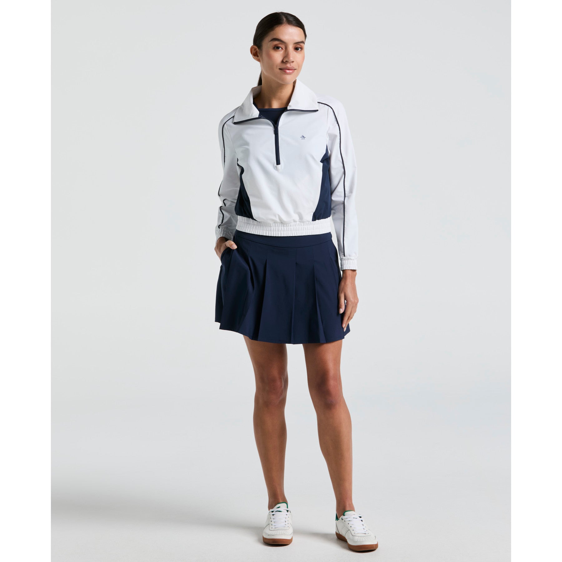 Original Penguin Women's Cropped 1/4 Zip Colour Block Tennis Jacket In Bright White(Womens Cropped 14 Zip Colour Block Tennis Jacket White O1jsf002gg 118)