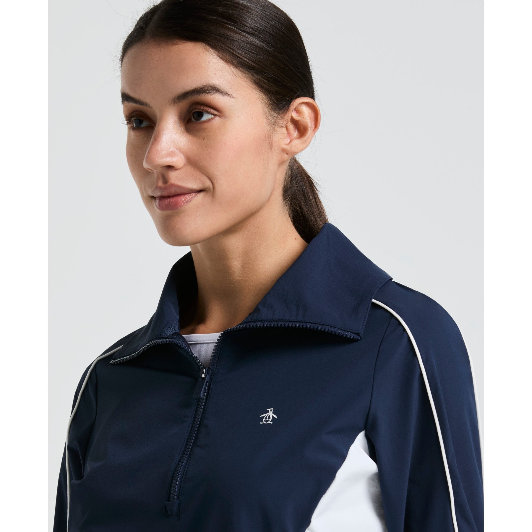 Original Penguin Women's Cropped 1/4 Zip Colour Block Tennis Jacket In Black Iris(Womens Cropped 14 Zip Colour Block Tennis Jacket Blue O1jsf002gg 417)