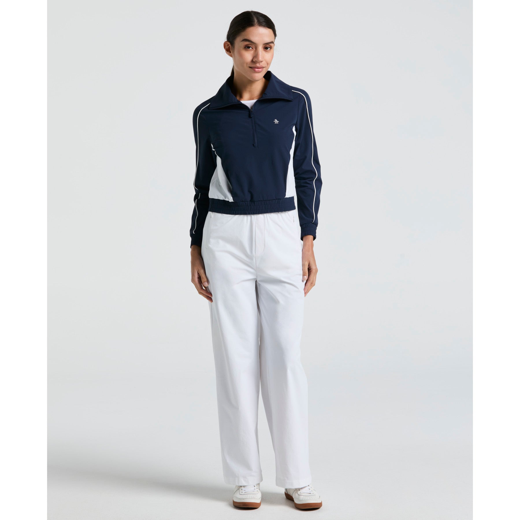 Original Penguin Women's Cropped 1/4 Zip Colour Block Tennis Jacket In Black Iris(Womens Cropped 14 Zip Colour Block Tennis Jacket Blue O1jsf002gg 417)