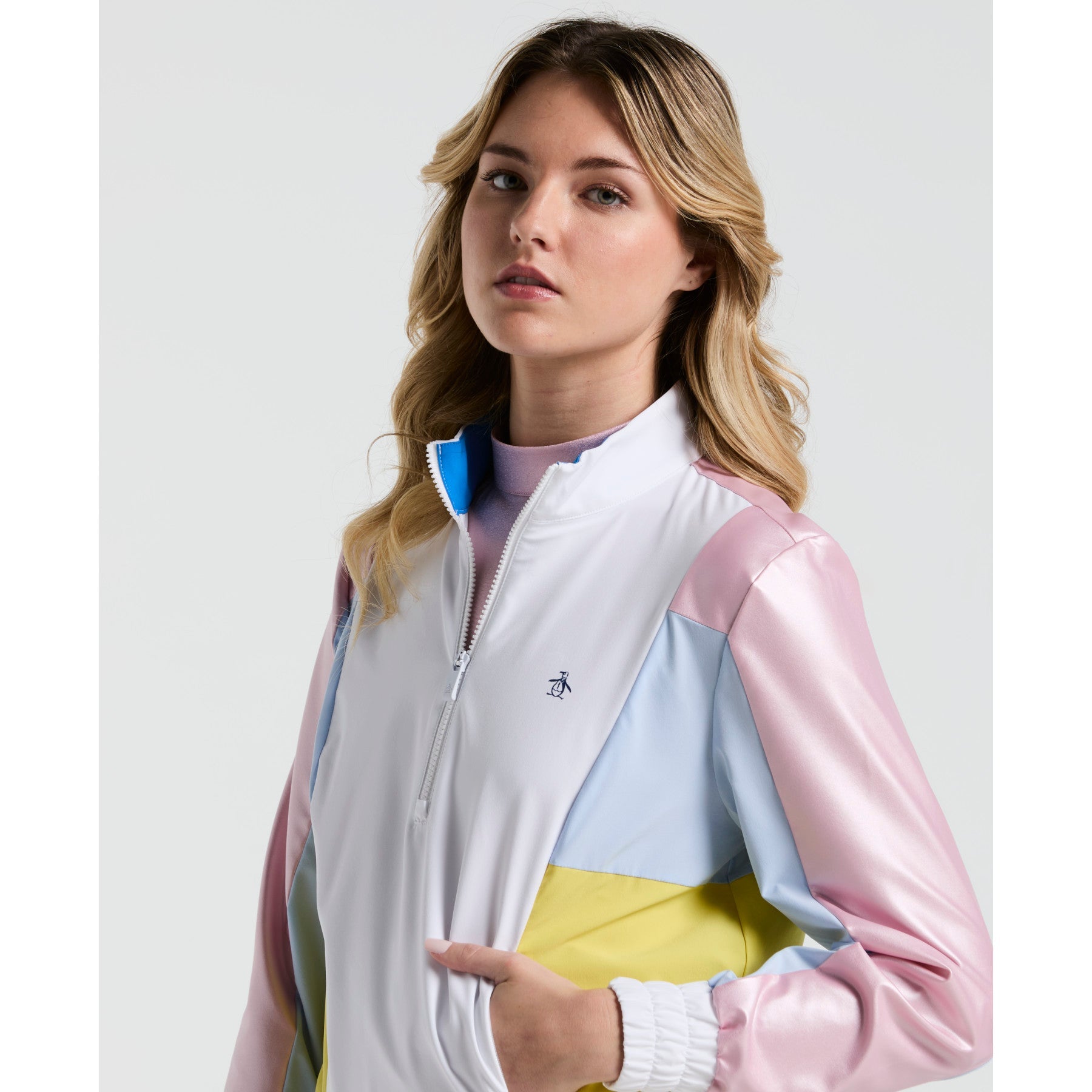 Original Penguin Women's Colour Block Cropped Tennis 1/4 Zip Jacket In Bright White(Womens Colour Block Cropped Tennis 14 Zip Jacket White O1wsf003gg 118)