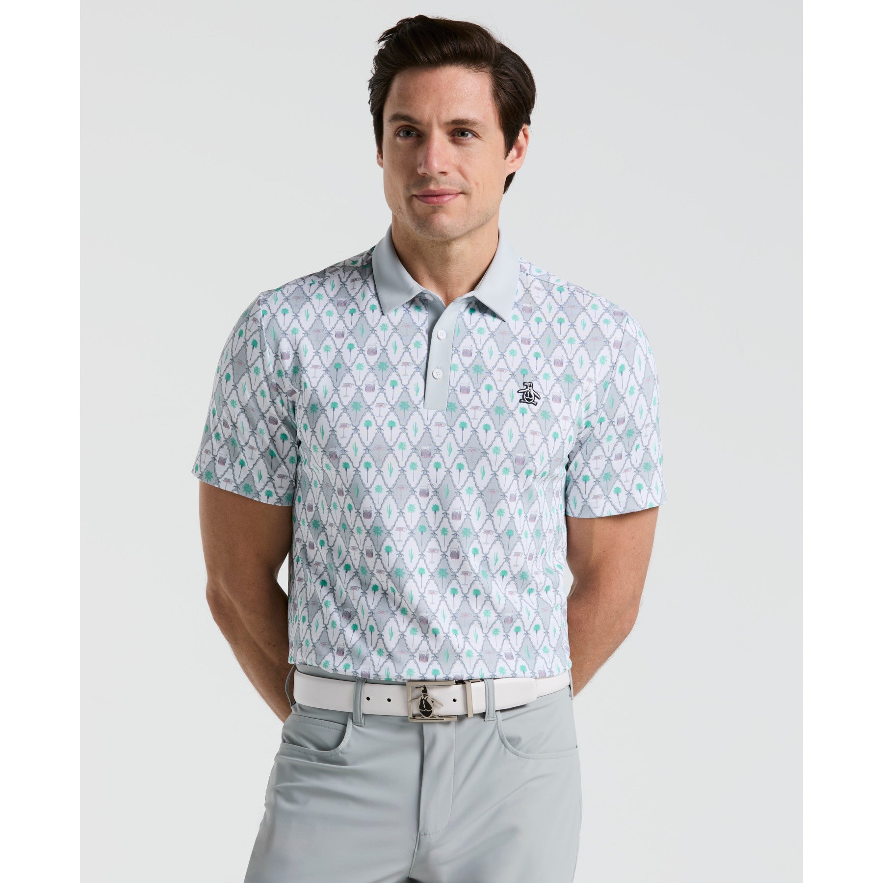 Original Penguin All Over Lattice Cocktail Print Earl Golf Polo Shirt In Bright White(All Over Lattice Cocktail Print Earl Golf Polo Shirt White Ogksf015gg 118)