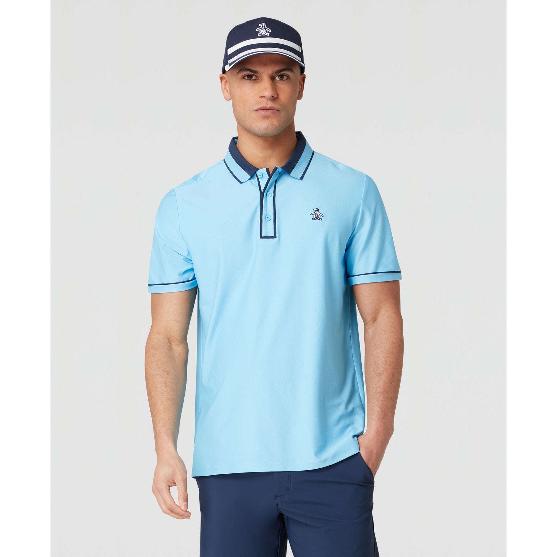Original Penguin Ribbed Earl Blocked Golf Polo Shirt In Blue Grotto(Ribbed Earl Blocked Golf Polo Shirt Blue Ogksf016gg 457)