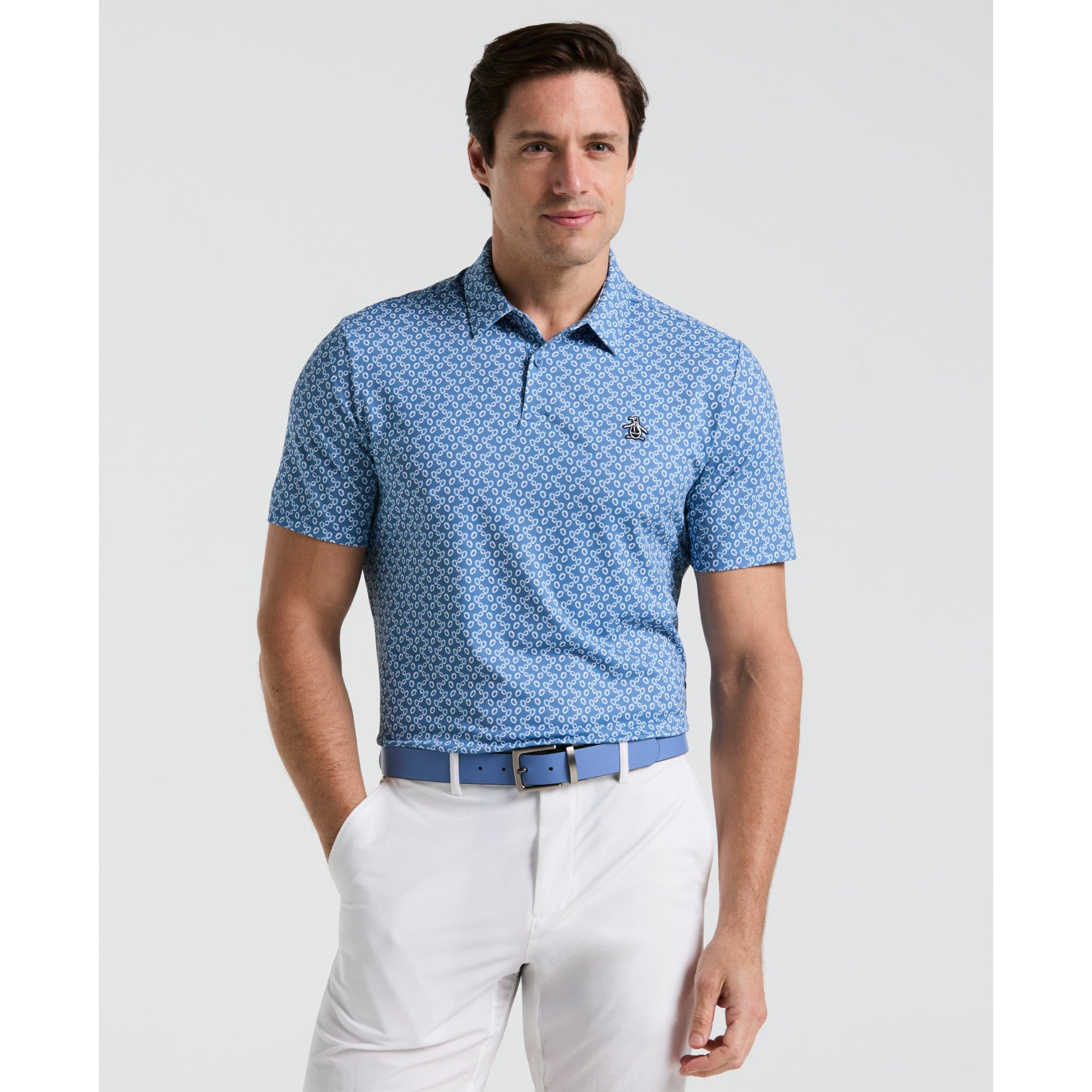 Original Penguin All Over Lifesaver Print Golf Polo Shirt In Quiet Harbour(All Over Lifesaver Print Golf Polo Shirt Blue Ogksf018gg 453)