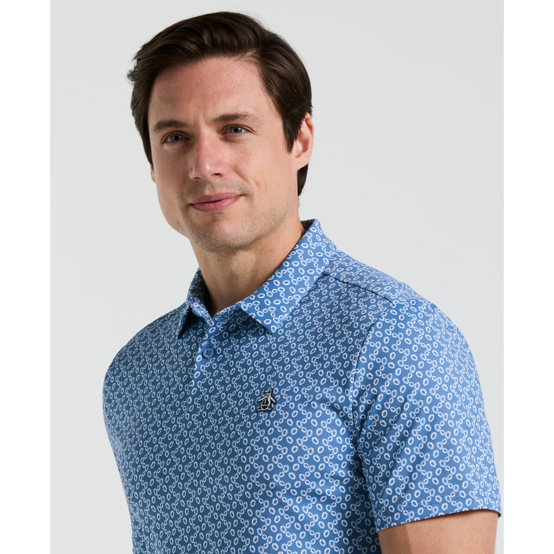 Original Penguin All Over Lifesaver Print Golf Polo Shirt In Quiet Harbour(All Over Lifesaver Print Golf Polo Shirt Blue Ogksf018gg 453)