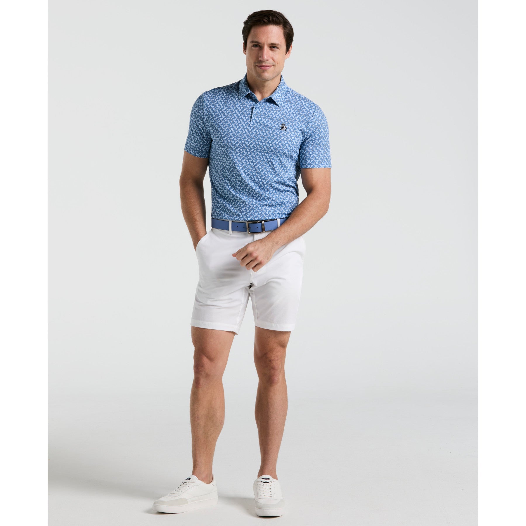 Original Penguin All Over Lifesaver Print Golf Polo Shirt In Quiet Harbour(All Over Lifesaver Print Golf Polo Shirt Blue Ogksf018gg 453)
