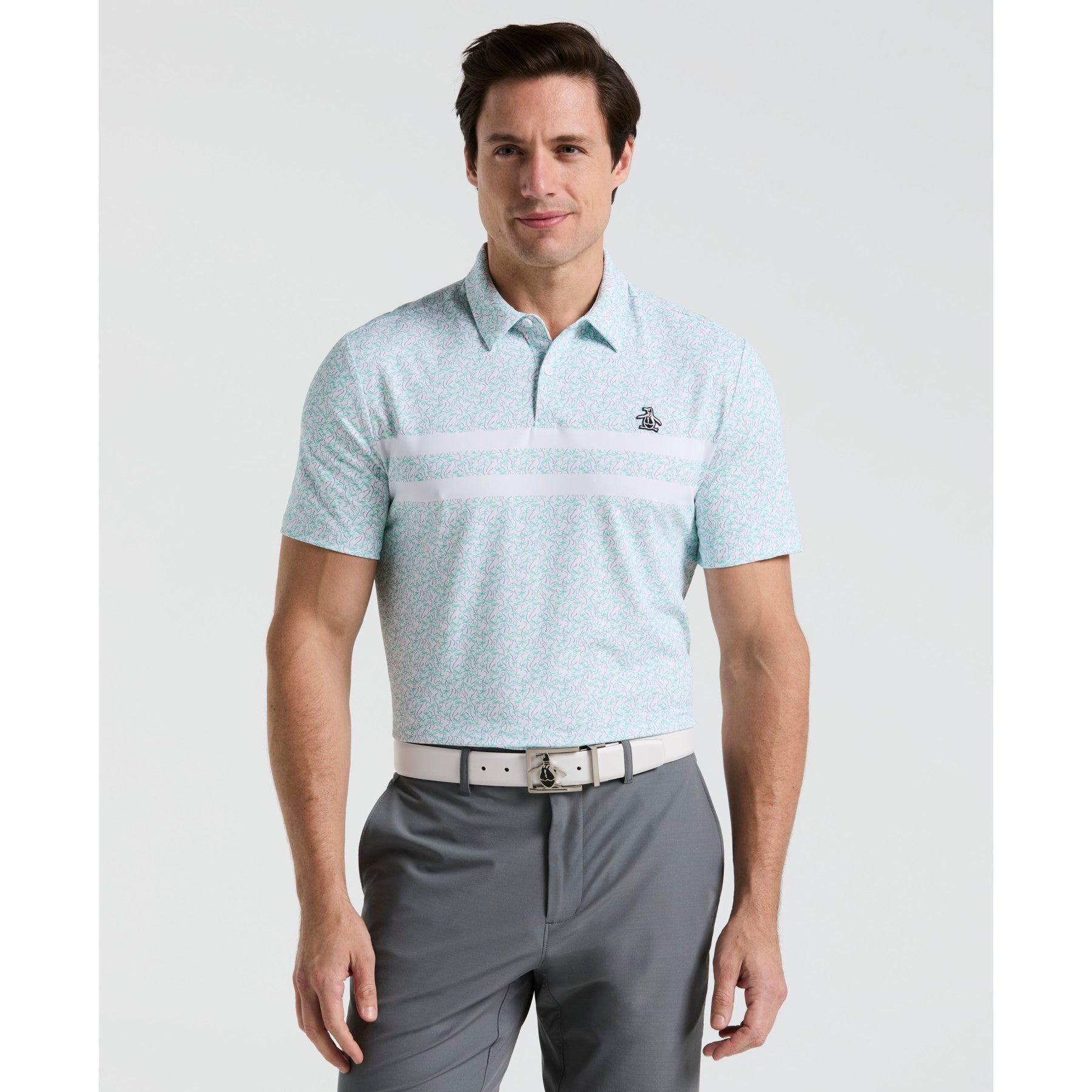 Original Penguin Engineered Novelty Stripe Printed Golf Polo Shirt In Bright White(Engineered Novelty Stripe Printed Golf Polo Shirt White Ogksf019gg 118)