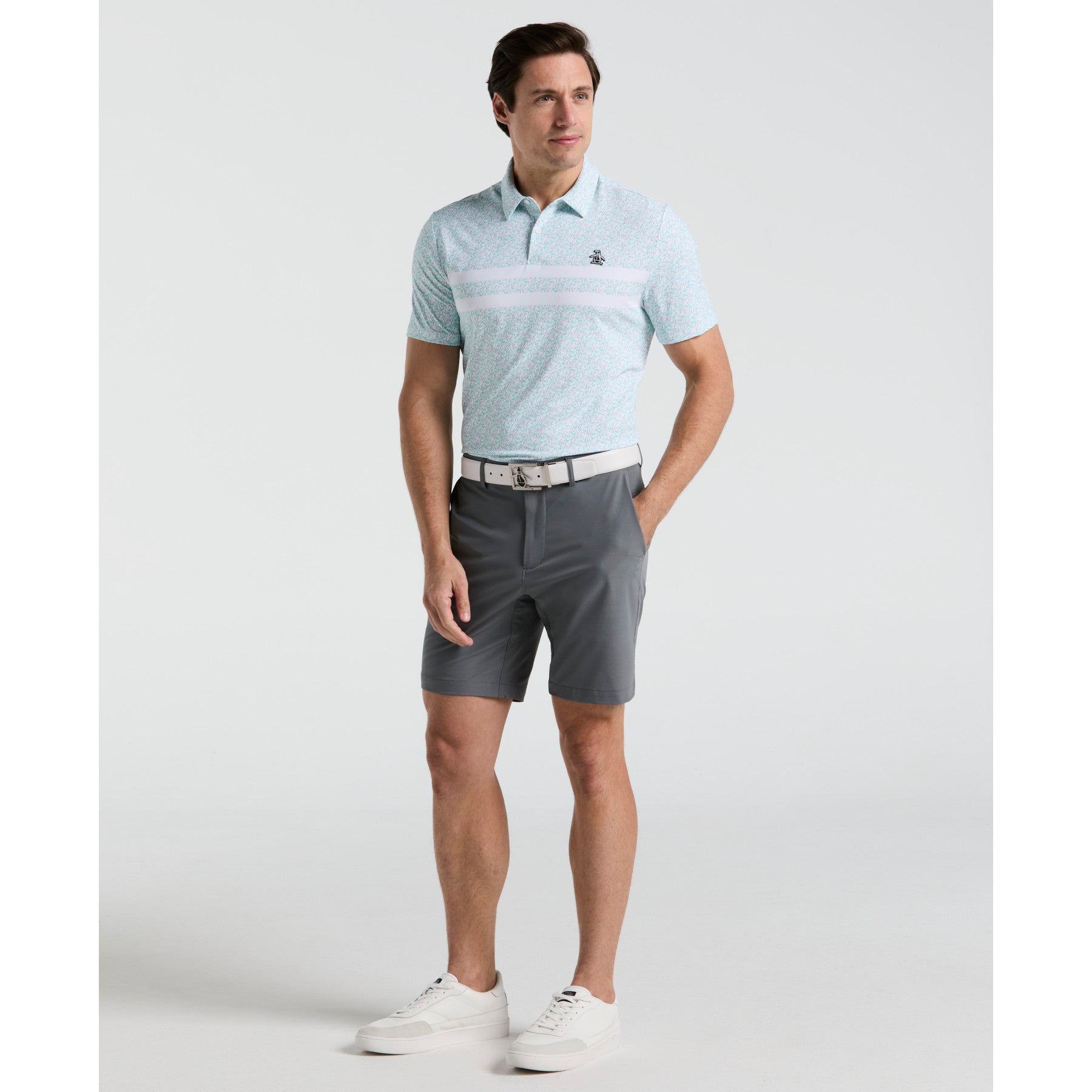 Original Penguin Engineered Novelty Stripe Printed Golf Polo Shirt In Bright White(Engineered Novelty Stripe Printed Golf Polo Shirt White Ogksf019gg 118)