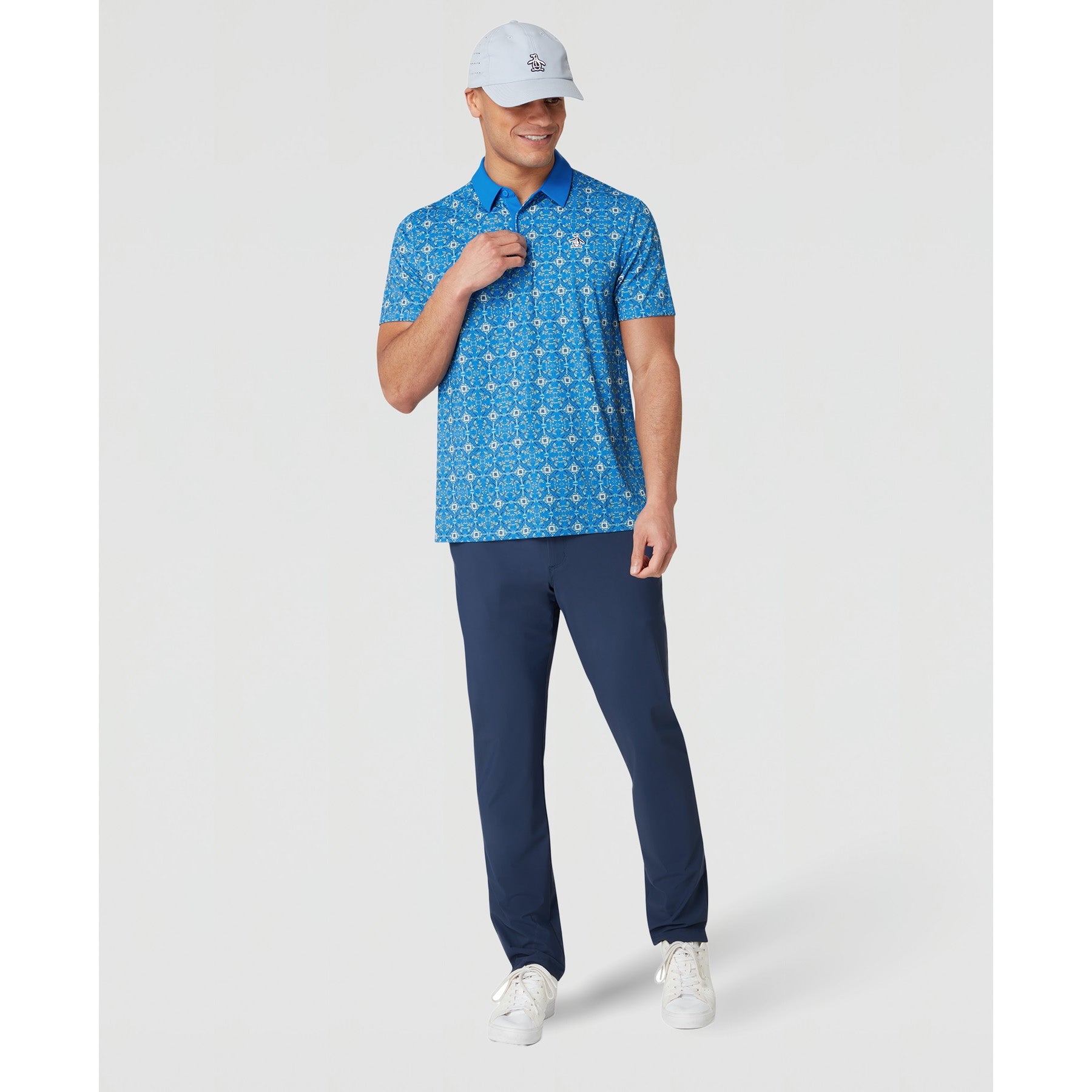 Original Penguin All Over Cocktail Windowpane Printed Golf Polo Shirt In French Blue(All Over Cocktail Windowpane Printed Golf Polo Shirt Blue Ogksf026gg 478)