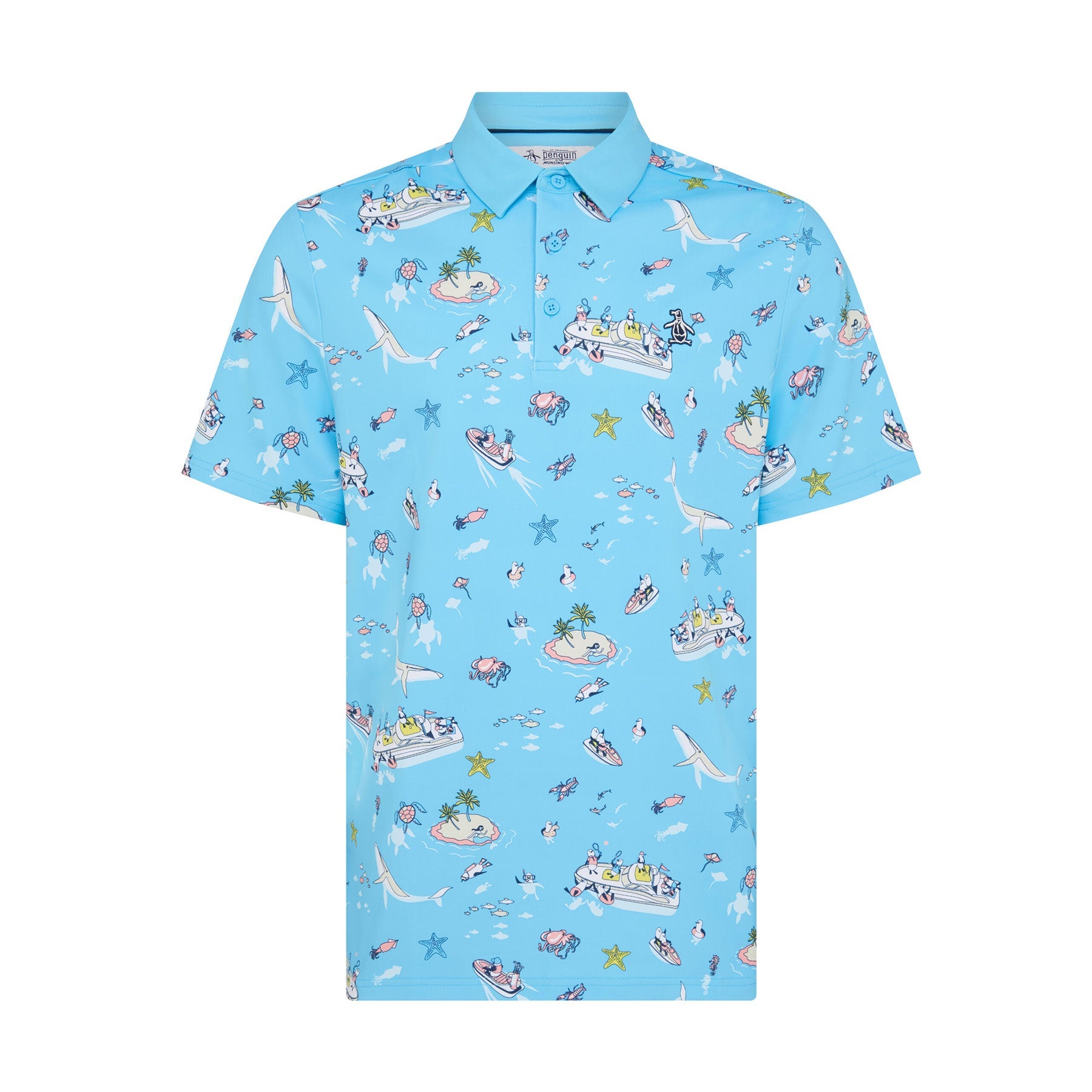 Original Penguin All Over Pete'n The Boat Printed Golf Polo Shirt In Blue Grotto(All Over Peten The Boat Printed Golf Polo Shirt Blue Ogksf028gg 457)