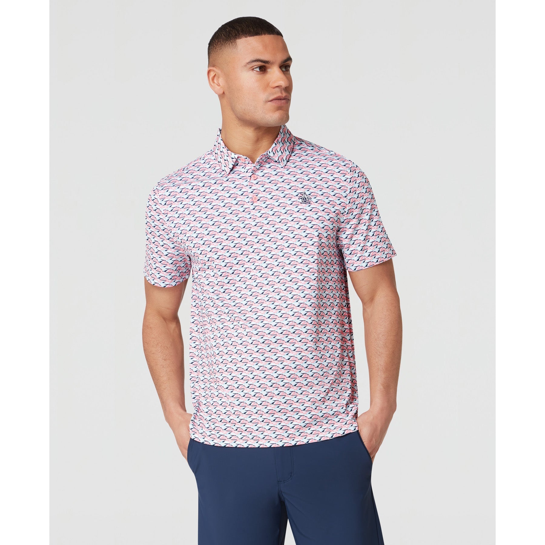 Original Penguin Layered Umbrella Print Golf Polo Shirt In Murex Shell(Layered Umbrella Print Golf Polo Shirt Pink Ogksf029gg 680)