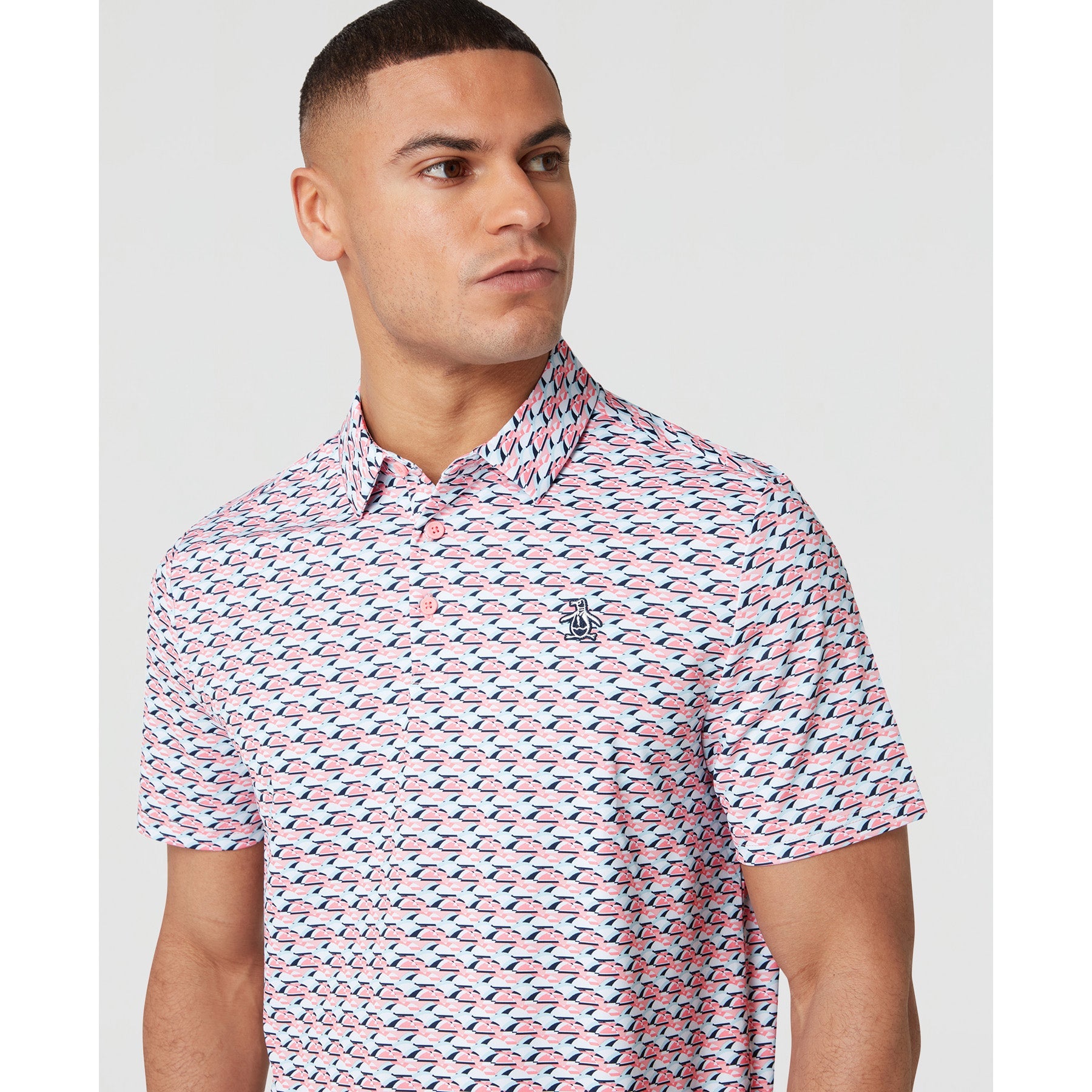 Original Penguin Layered Umbrella Print Golf Polo Shirt In Murex Shell(Layered Umbrella Print Golf Polo Shirt Pink Ogksf029gg 680)