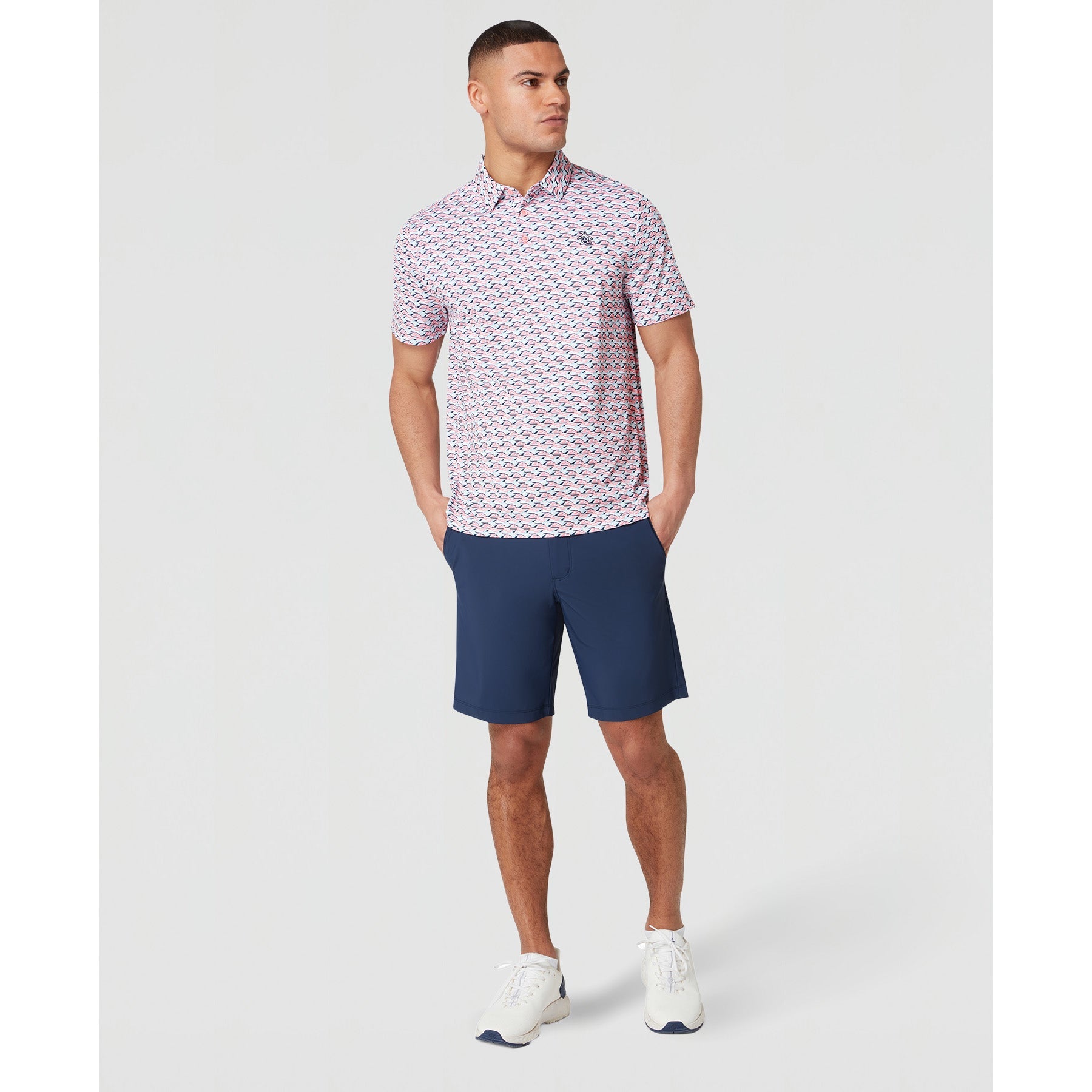Original Penguin Layered Umbrella Print Golf Polo Shirt In Murex Shell(Layered Umbrella Print Golf Polo Shirt Pink Ogksf029gg 680)