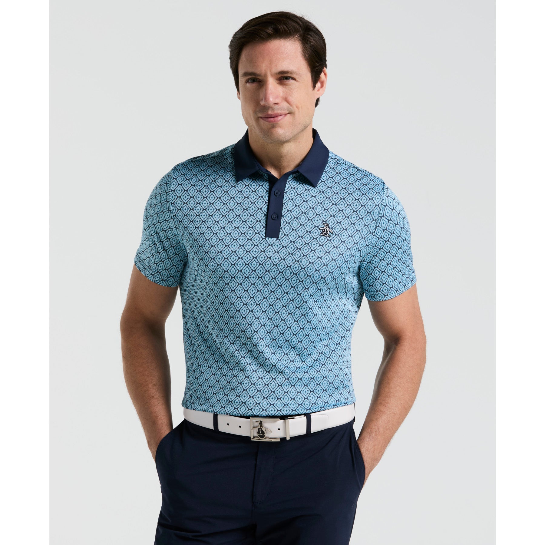 Original Penguin Yarn Dyed Bohemian Jacquard Golf Polo Shirt In Black Iris(Yarn Dyed Bohemian Jacquard Golf Polo Shirt Blue Ogksf030gg 417)