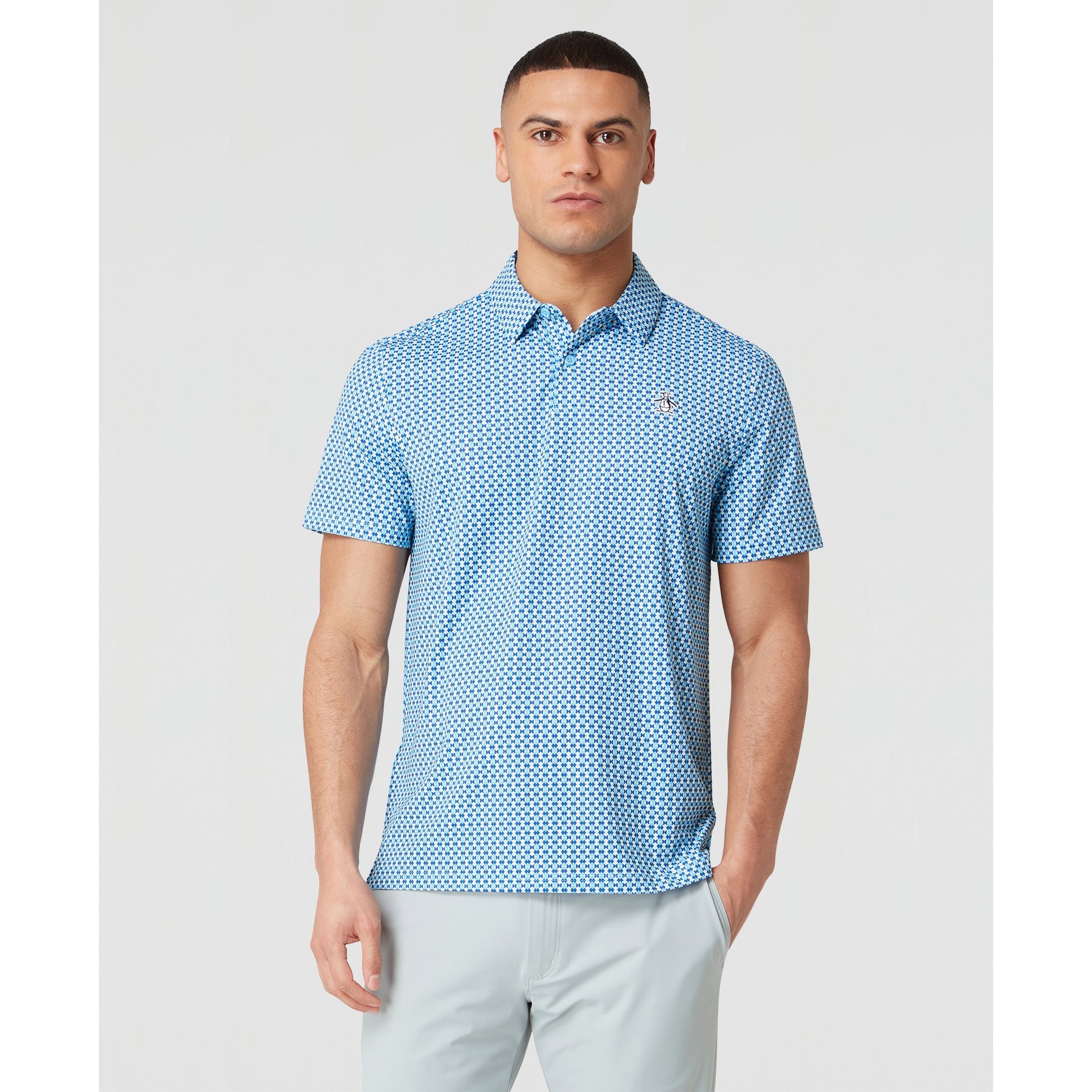 Original Penguin All Over Pete's Bowtie Micro Print Golf Polo Shirt In Blue Grotto(All Over Petes Bowtie Micro Print Golf Polo Shirt Blue Ogksf031gg 457)