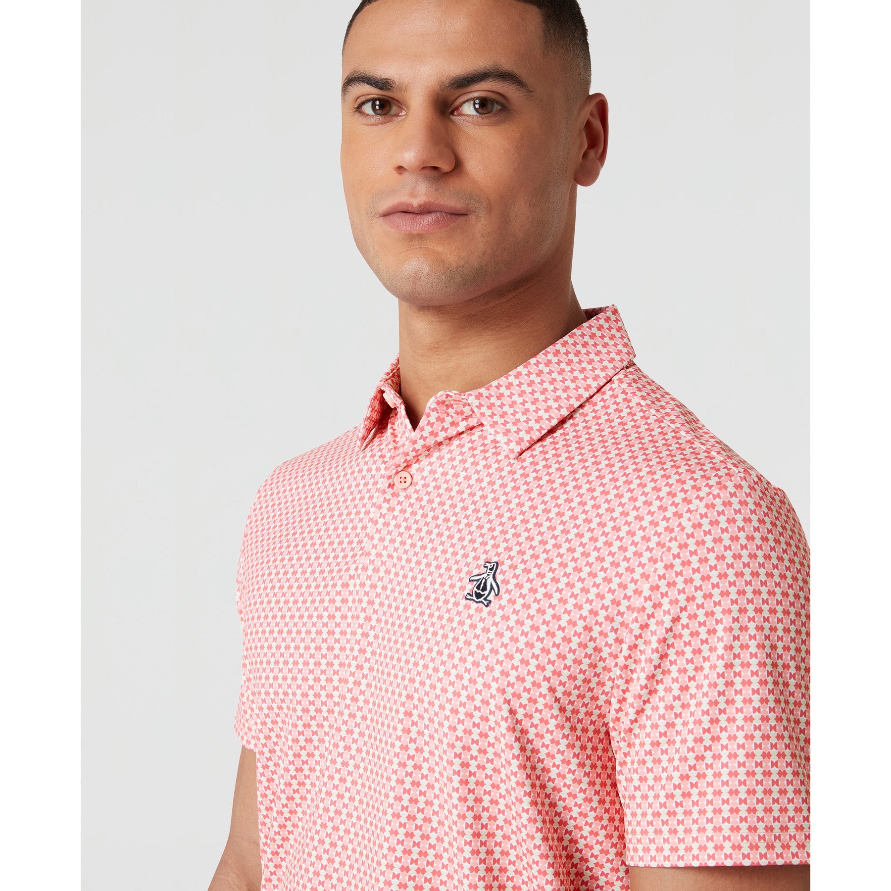 Original Penguin All Over Pete's Bowtie Micro Print Golf Polo Shirt In Murex Shell(All Over Petes Bowtie Micro Print Golf Polo Shirt Pink Ogksf031gg 680)
