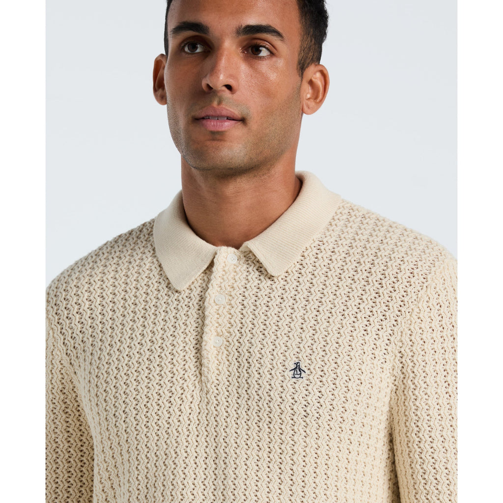 Original Penguin Zigzag Stitch Long Sleeve Sweater Polo In Birch(Zigzag Stitch Long Sleeve Sweater Polo Beige Opgf2502gp 252)