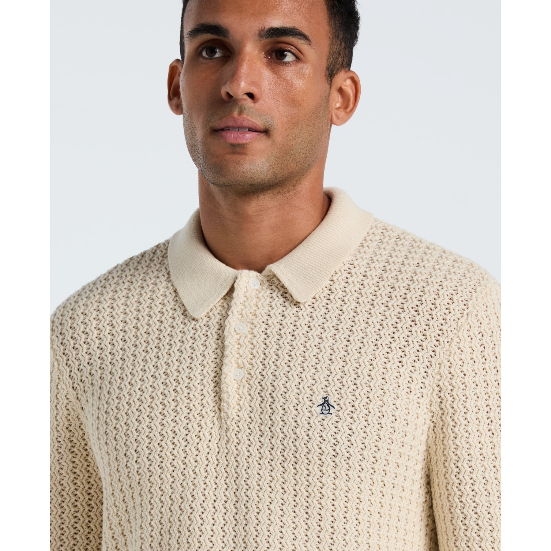 Original Penguin Zigzag Stitch Long Sleeve Sweater Polo In Birch(Zigzag Stitch Long Sleeve Sweater Polo Beige Opgf2502gp 252)