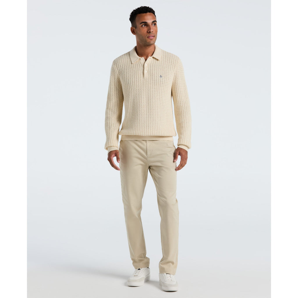 Original Penguin Zigzag Stitch Long Sleeve Sweater Polo In Birch(Zigzag Stitch Long Sleeve Sweater Polo Beige Opgf2502gp 252)