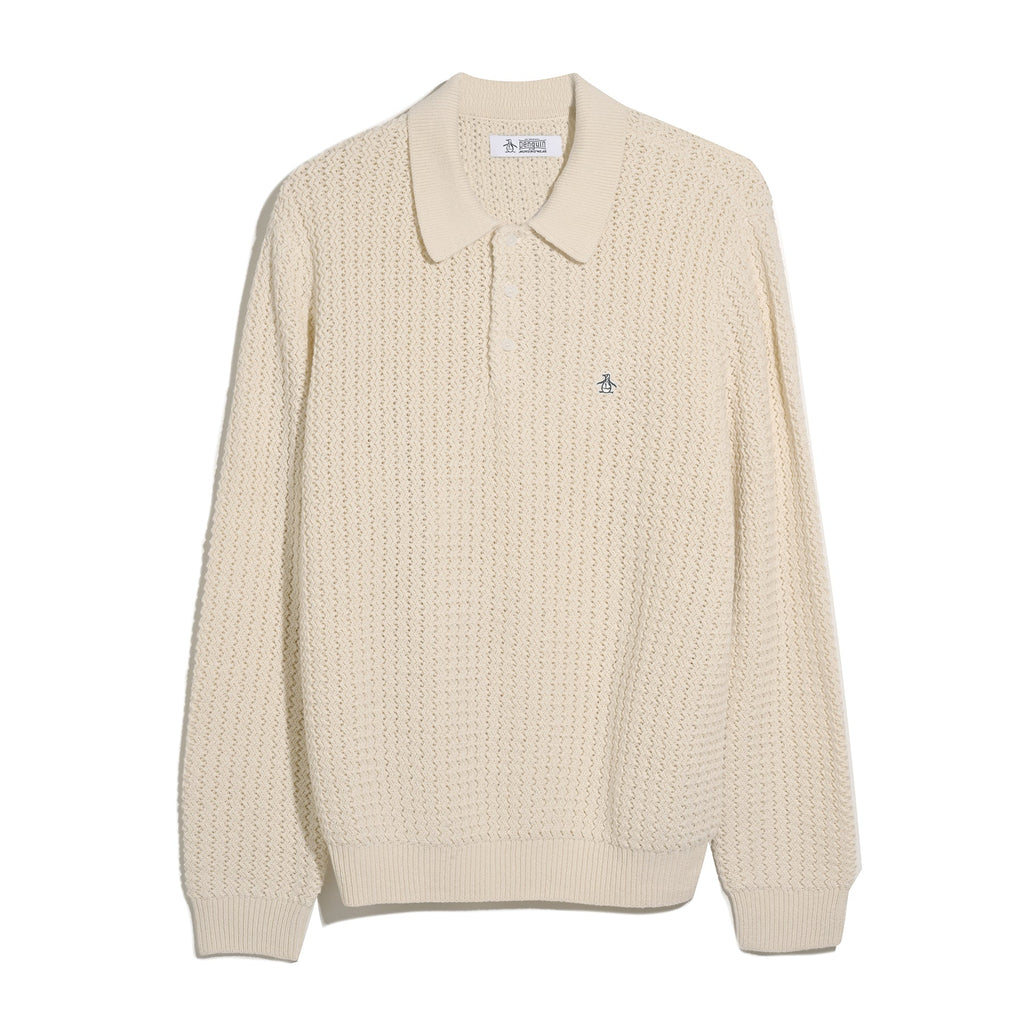 Original Penguin Zigzag Stitch Long Sleeve Sweater Polo In Birch(Zigzag Stitch Long Sleeve Sweater Polo Beige Opgf2502gp 252)