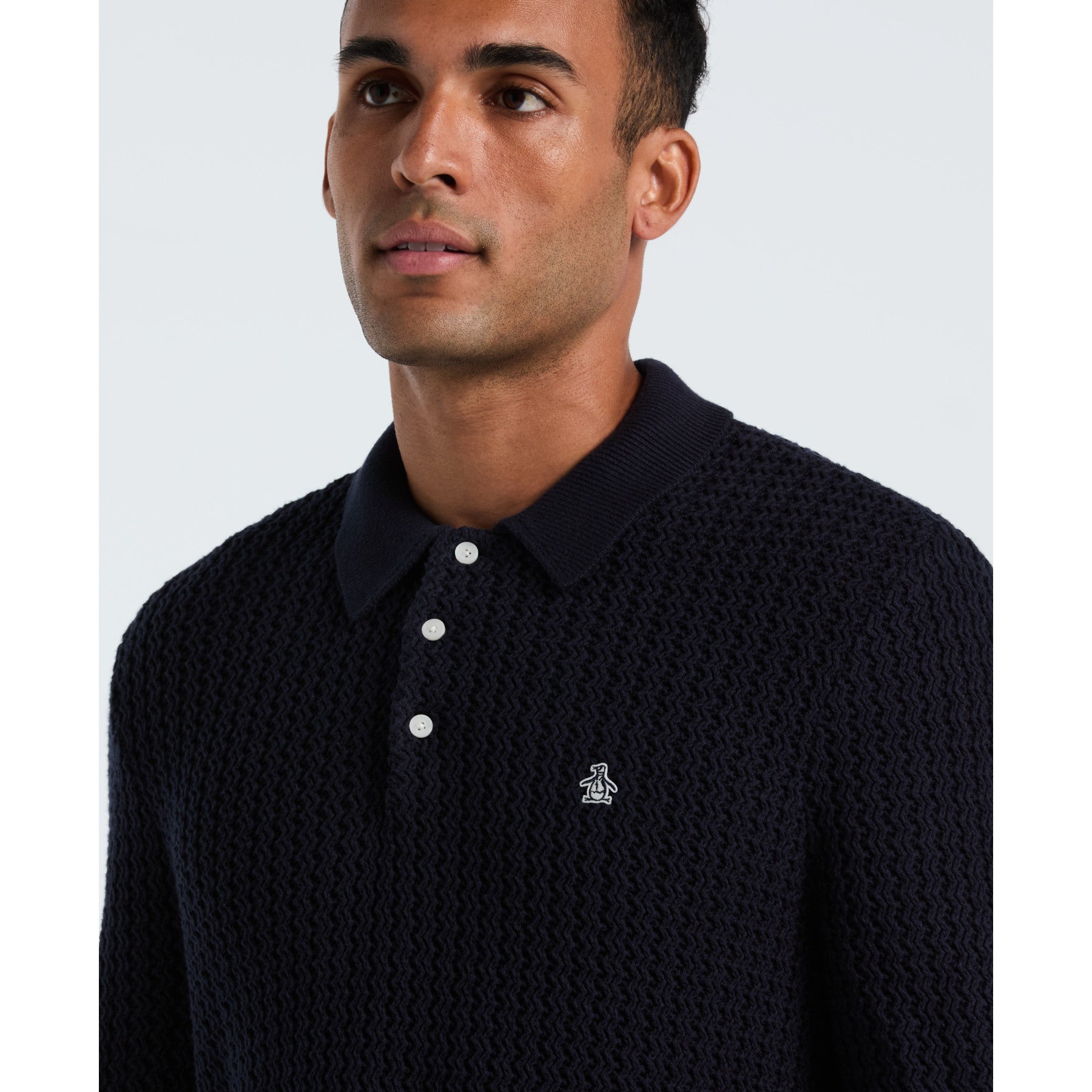 Original Penguin Zigzag Stitch Long Sleeve Sweater Polo In Dark Sapphire(Zigzag Stitch Long Sleeve Sweater Polo Blue Opgf2502gp 413)