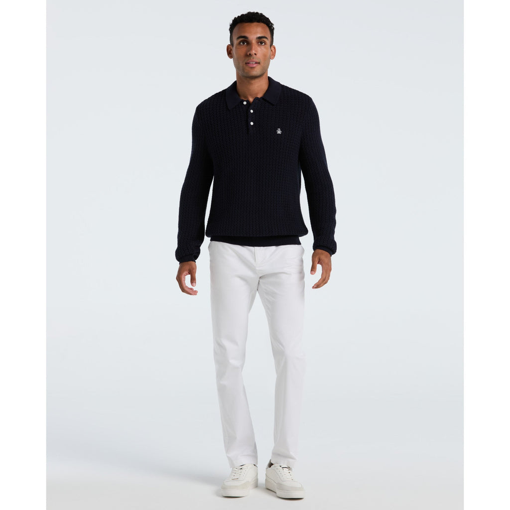 Original Penguin Zigzag Stitch Long Sleeve Sweater Polo In Dark Sapphire(Zigzag Stitch Long Sleeve Sweater Polo Blue Opgf2502gp 413)
