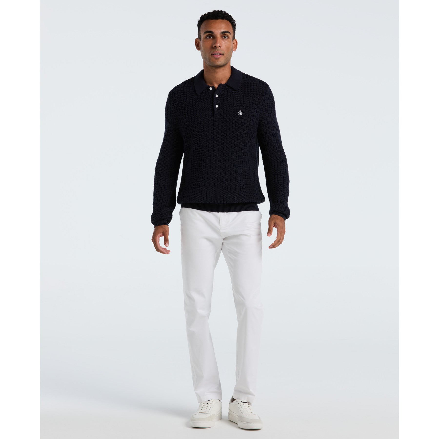 Original Penguin Zigzag Stitch Long Sleeve Sweater Polo In Dark Sapphire(Zigzag Stitch Long Sleeve Sweater Polo Blue Opgf2502gp 413)