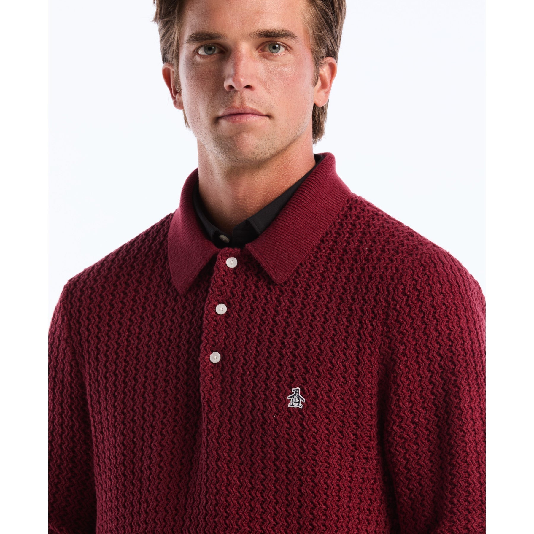 Original Penguin Zigzag Stitch Long Sleeve Sweater Polo In Cabernet(Zigzag Stitch Long Sleeve Sweater Polo Red Opgf2502gp 605)