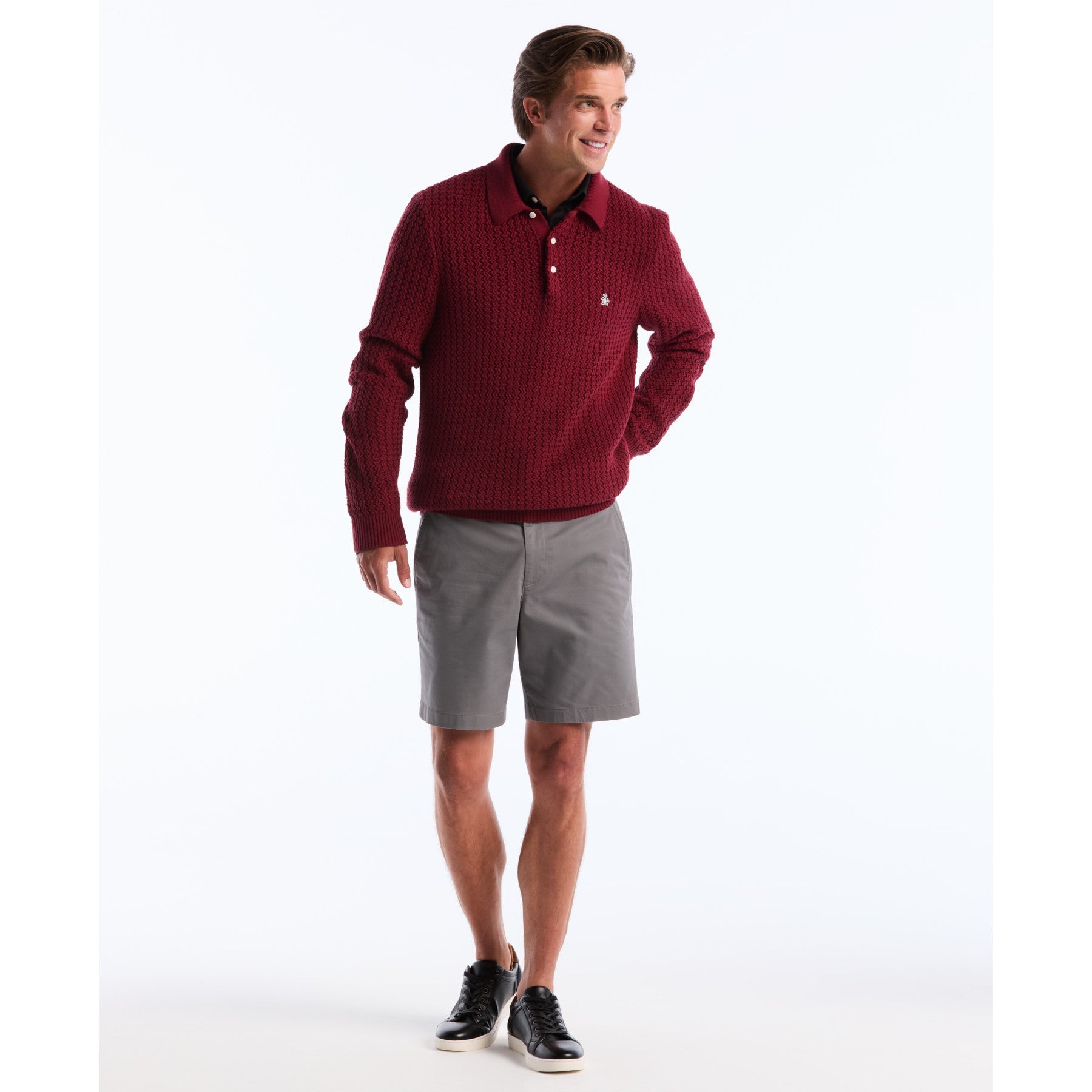 Original Penguin Zigzag Stitch Long Sleeve Sweater Polo In Cabernet(Zigzag Stitch Long Sleeve Sweater Polo Red Opgf2502gp 605)
