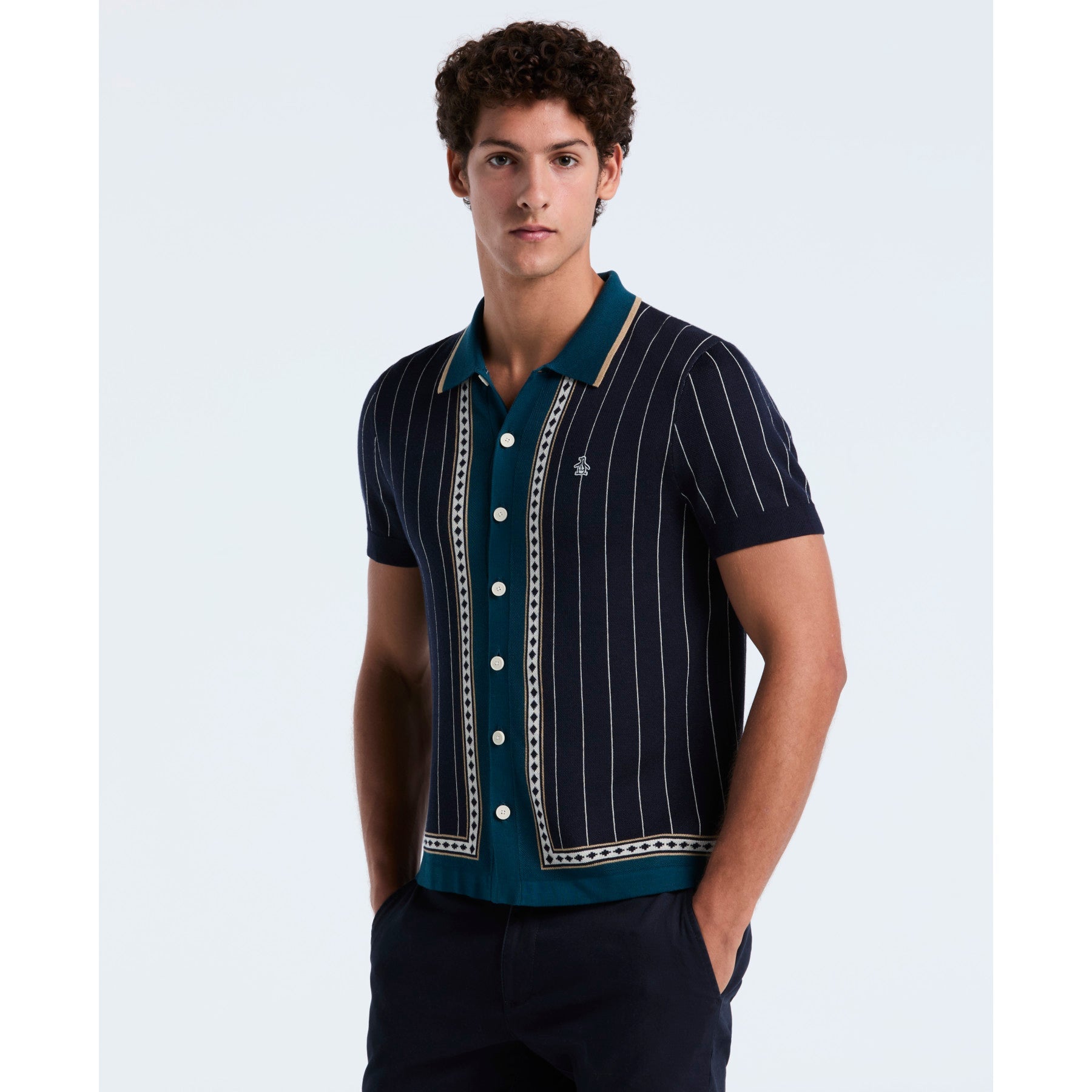 Original Penguin Striped Button Front Sweater Polo In Dark Sapphire(Striped Button Front Sweater Polo Blue Opgf2508gp 413)