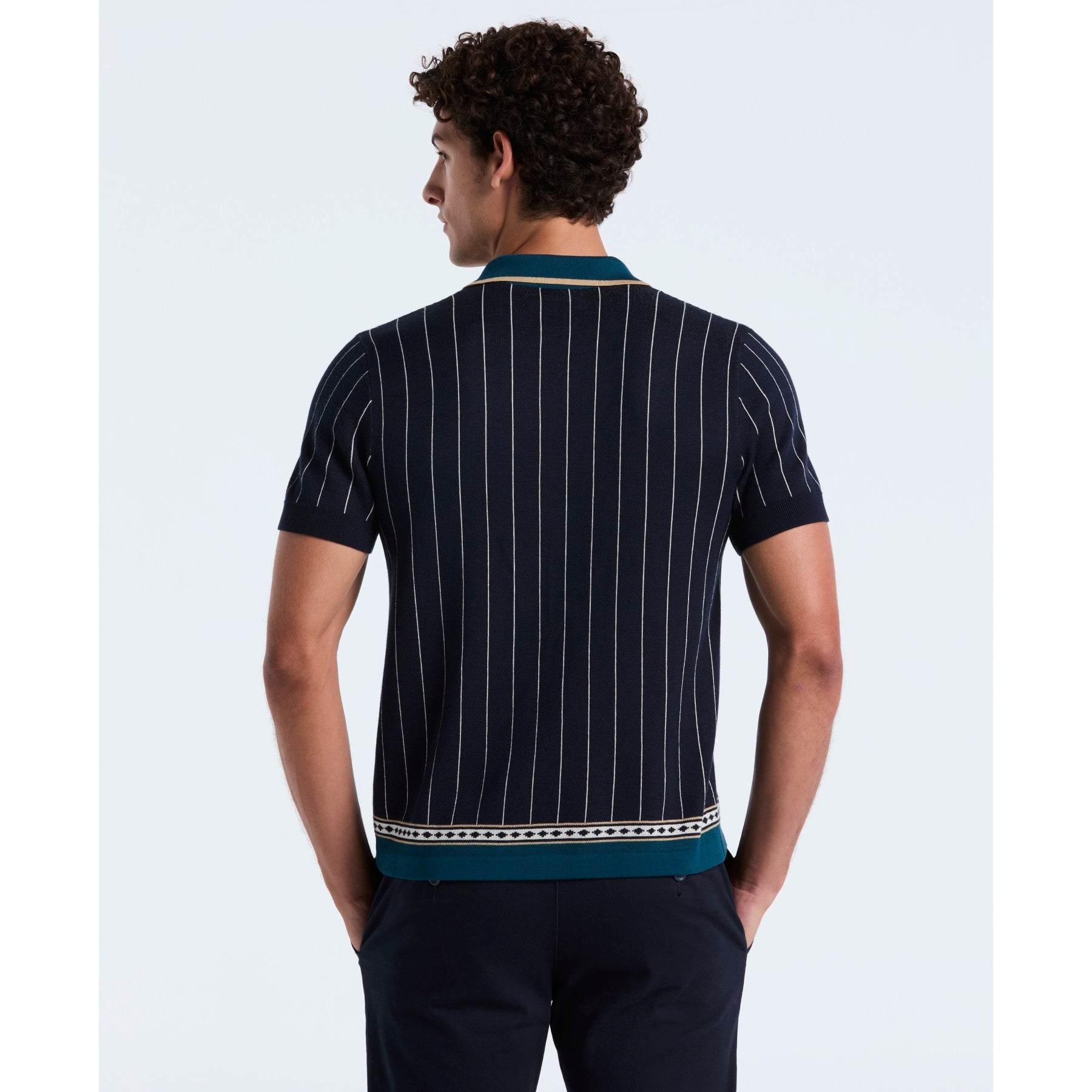 Original Penguin Striped Button Front Sweater Polo In Dark Sapphire(Striped Button Front Sweater Polo Blue Opgf2508gp 413)