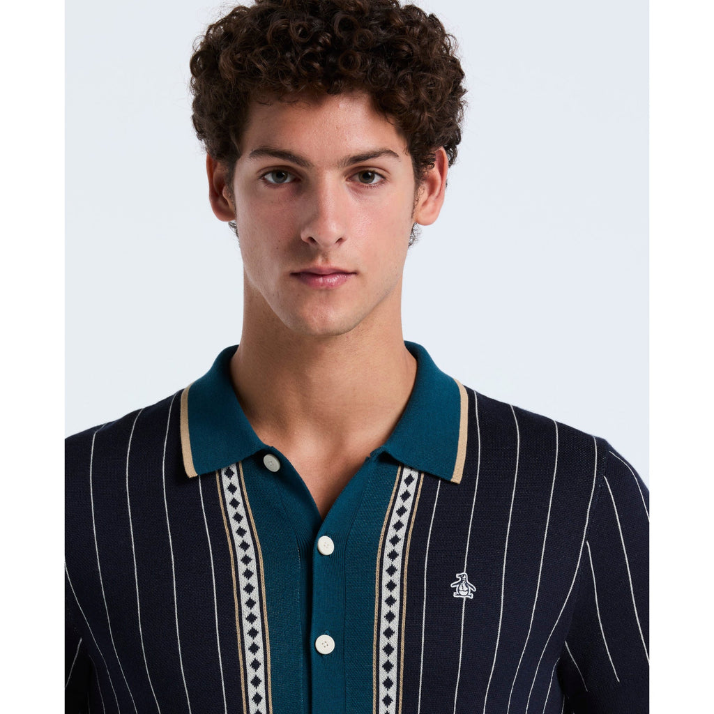 Original Penguin Striped Button Front Sweater Polo In Dark Sapphire(Striped Button Front Sweater Polo Blue Opgf2508gp 413)