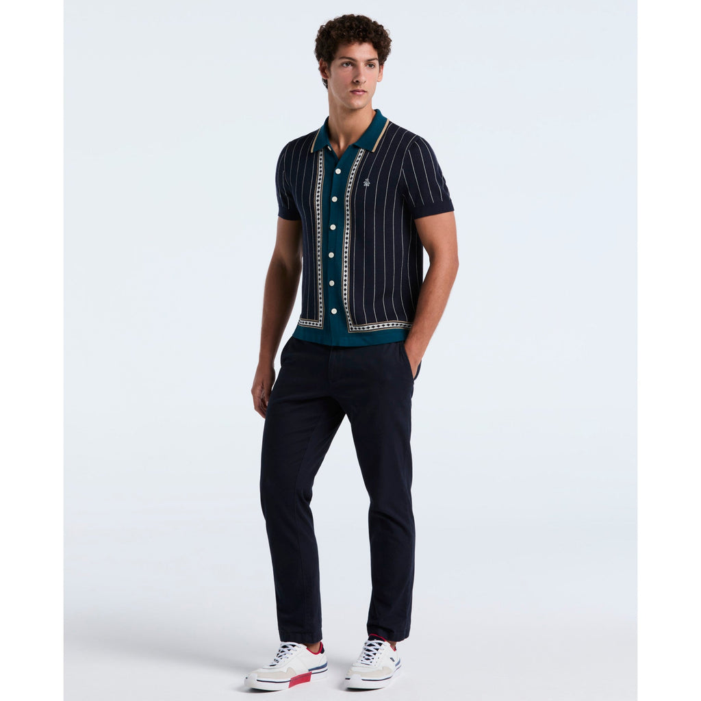Original Penguin Striped Button Front Sweater Polo In Dark Sapphire(Striped Button Front Sweater Polo Blue Opgf2508gp 413)