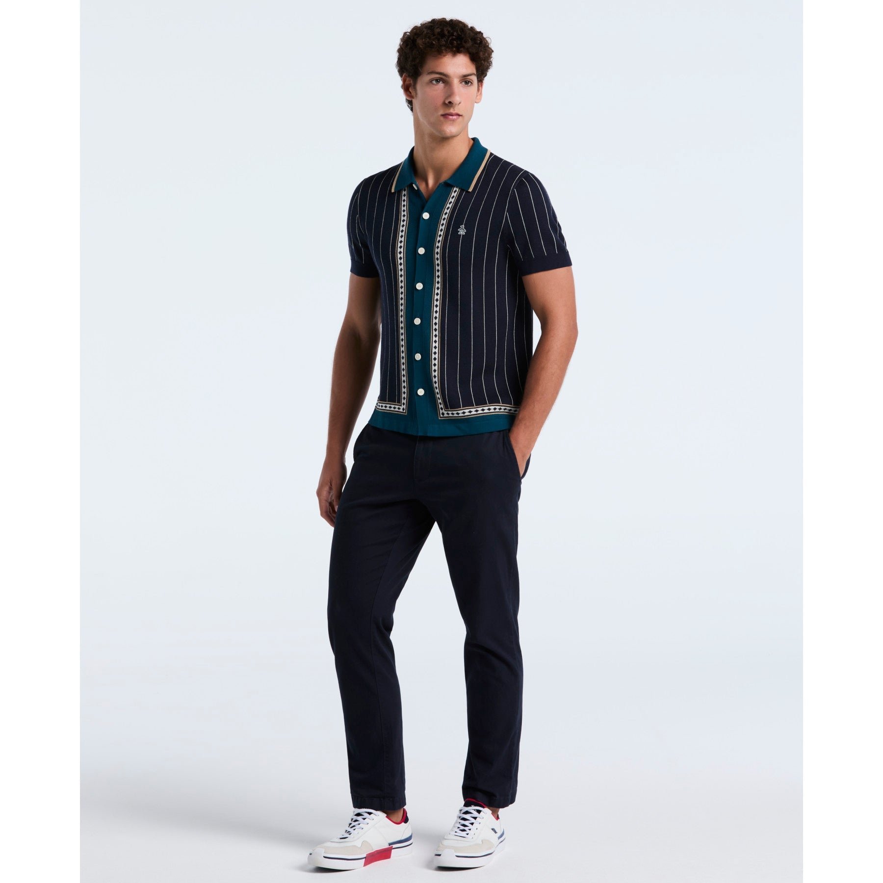 Original Penguin Striped Button Front Sweater Polo In Dark Sapphire(Striped Button Front Sweater Polo Blue Opgf2508gp 413)
