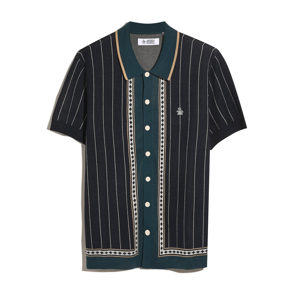 Original Penguin Striped Button Front Sweater Polo In Dark Sapphire(Striped Button Front Sweater Polo Blue Opgf2508gp 413)
