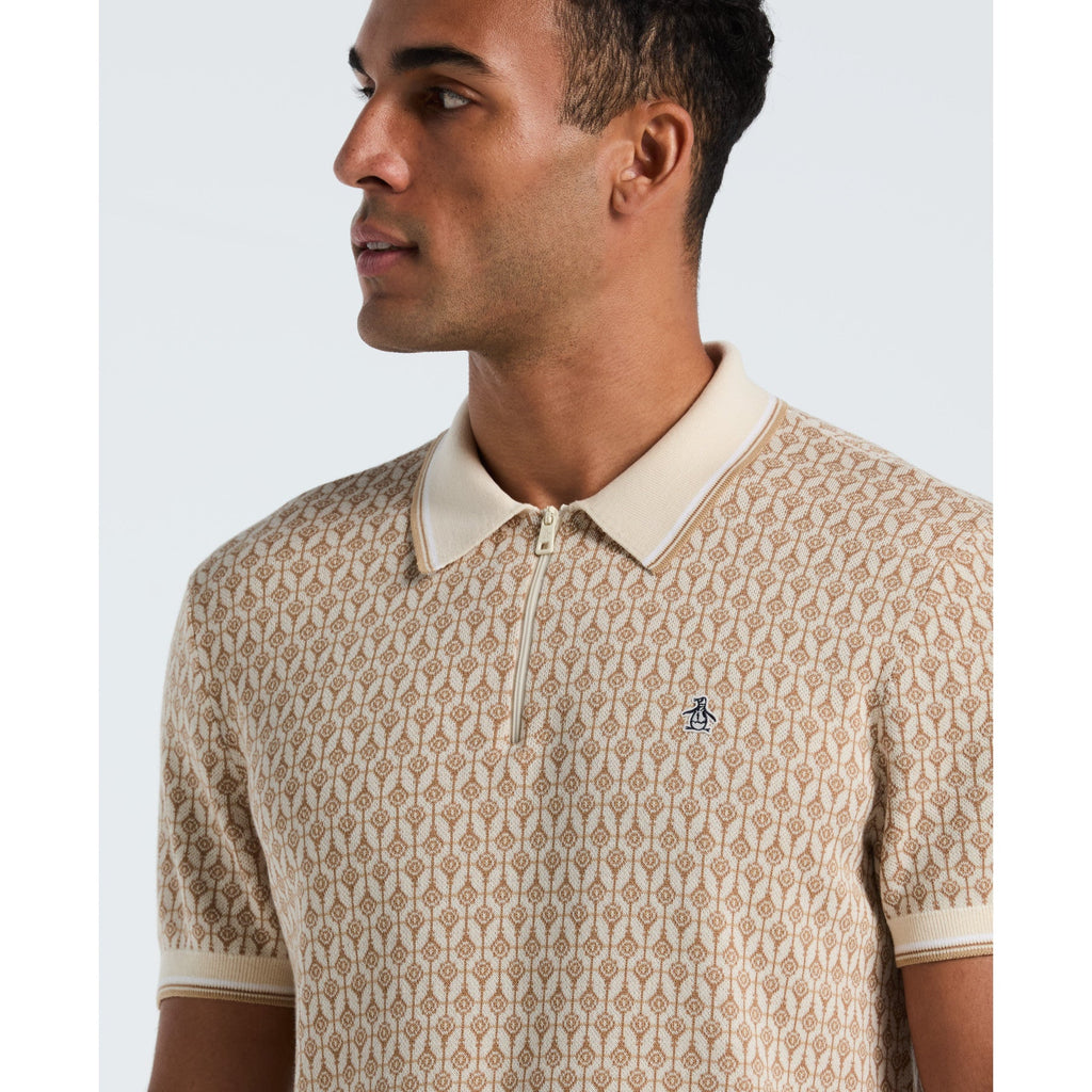 Original Penguin Geometric Jacquard 1/4 Zip Sweater Polo In Birch(Geometric Jacquard 1 4 Zip Sweater Polo Beige Opgf2509gp 252)