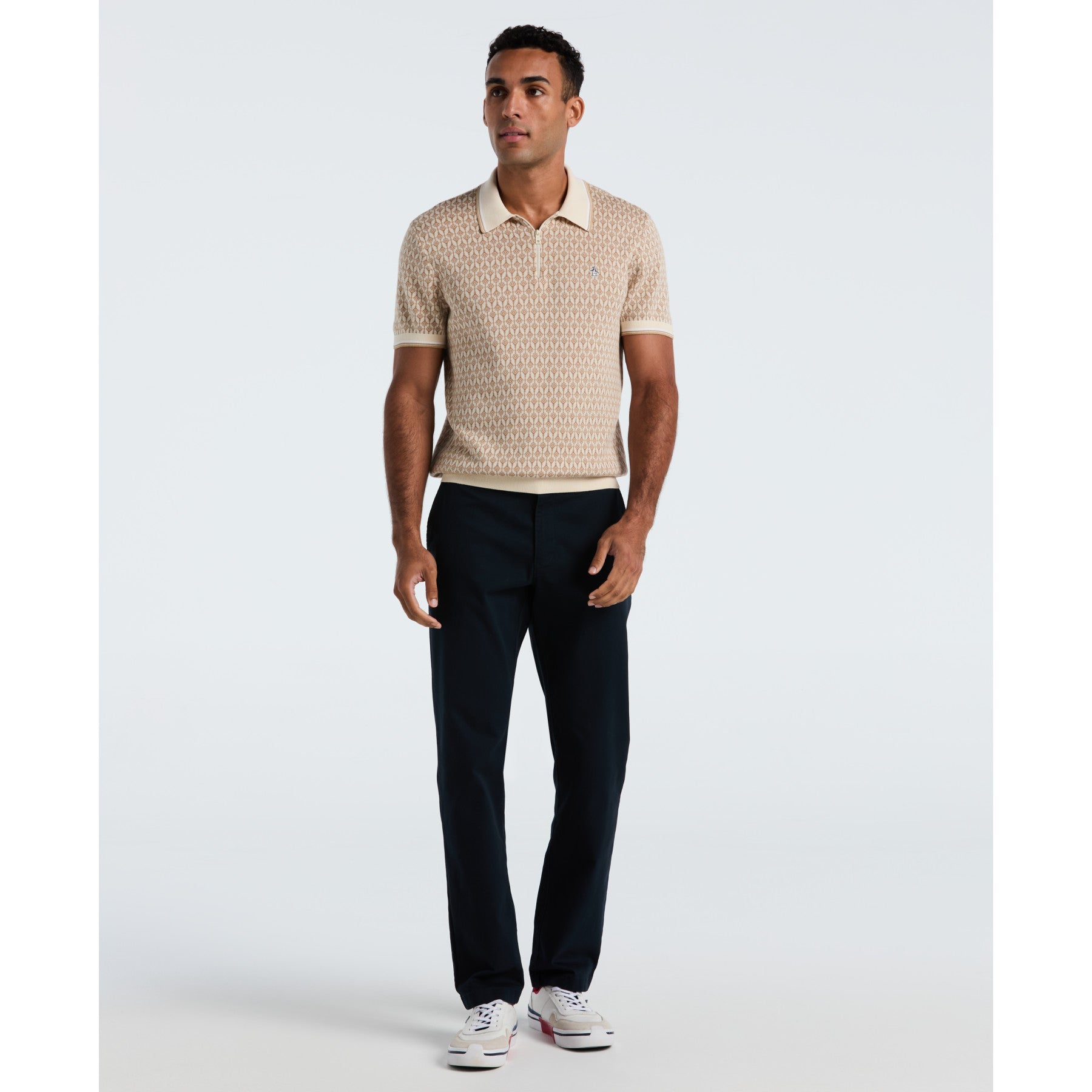 Original Penguin Geometric Jacquard 1/4 Zip Sweater Polo In Birch(Geometric Jacquard 1 4 Zip Sweater Polo Beige Opgf2509gp 252)