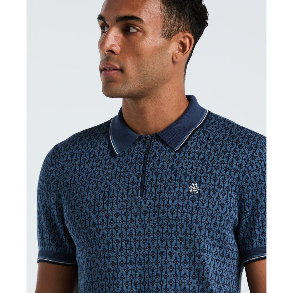 Original Penguin Geometric Jacquard 1/4 Zip Sweater Polo In Sargasso Sea(Geometric Jacquard 1 4 Zip Sweater Polo Blue Opgf2509gp 485)