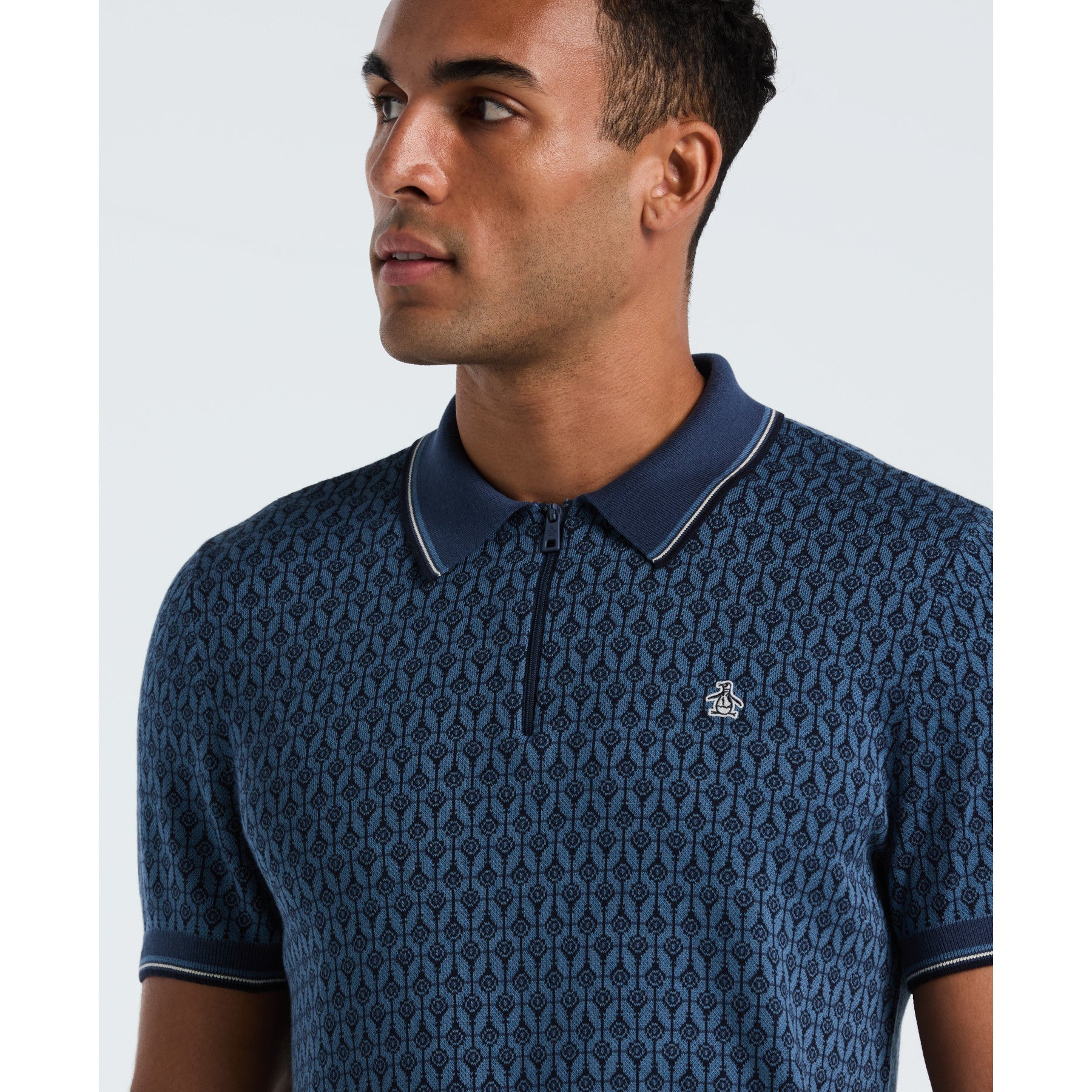 Original Penguin Geometric Jacquard 1/4 Zip Sweater Polo In Sargasso Sea(Geometric Jacquard 1 4 Zip Sweater Polo Blue Opgf2509gp 485)