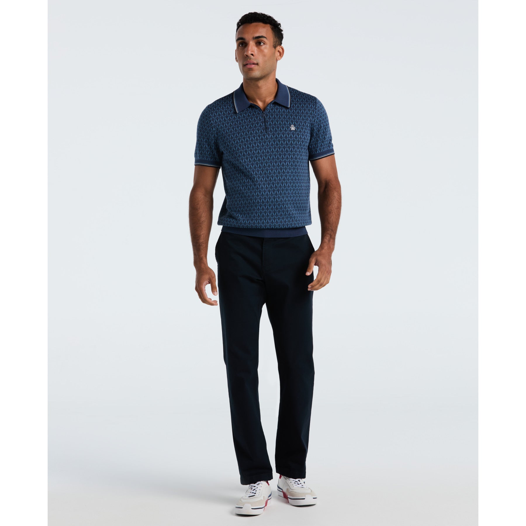 Original Penguin Geometric Jacquard 1/4 Zip Sweater Polo In Sargasso Sea(Geometric Jacquard 1 4 Zip Sweater Polo Blue Opgf2509gp 485)