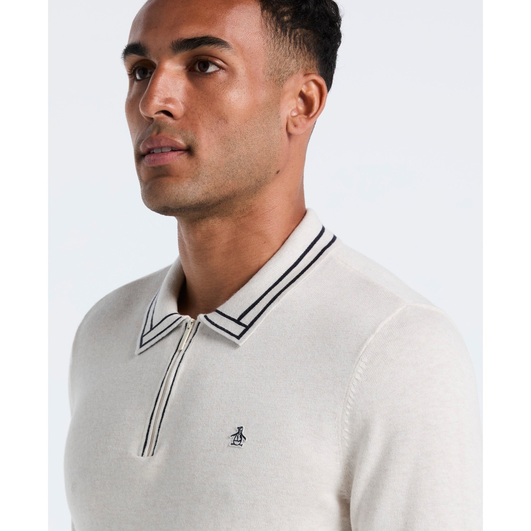 Original Penguin Tipped Quarter Zip Long Sleeve Sweater Polo In Birch Heather(Tipped Quarter Zip Long Sleeve Sweater Polo Beige Opgf2510gp 110)