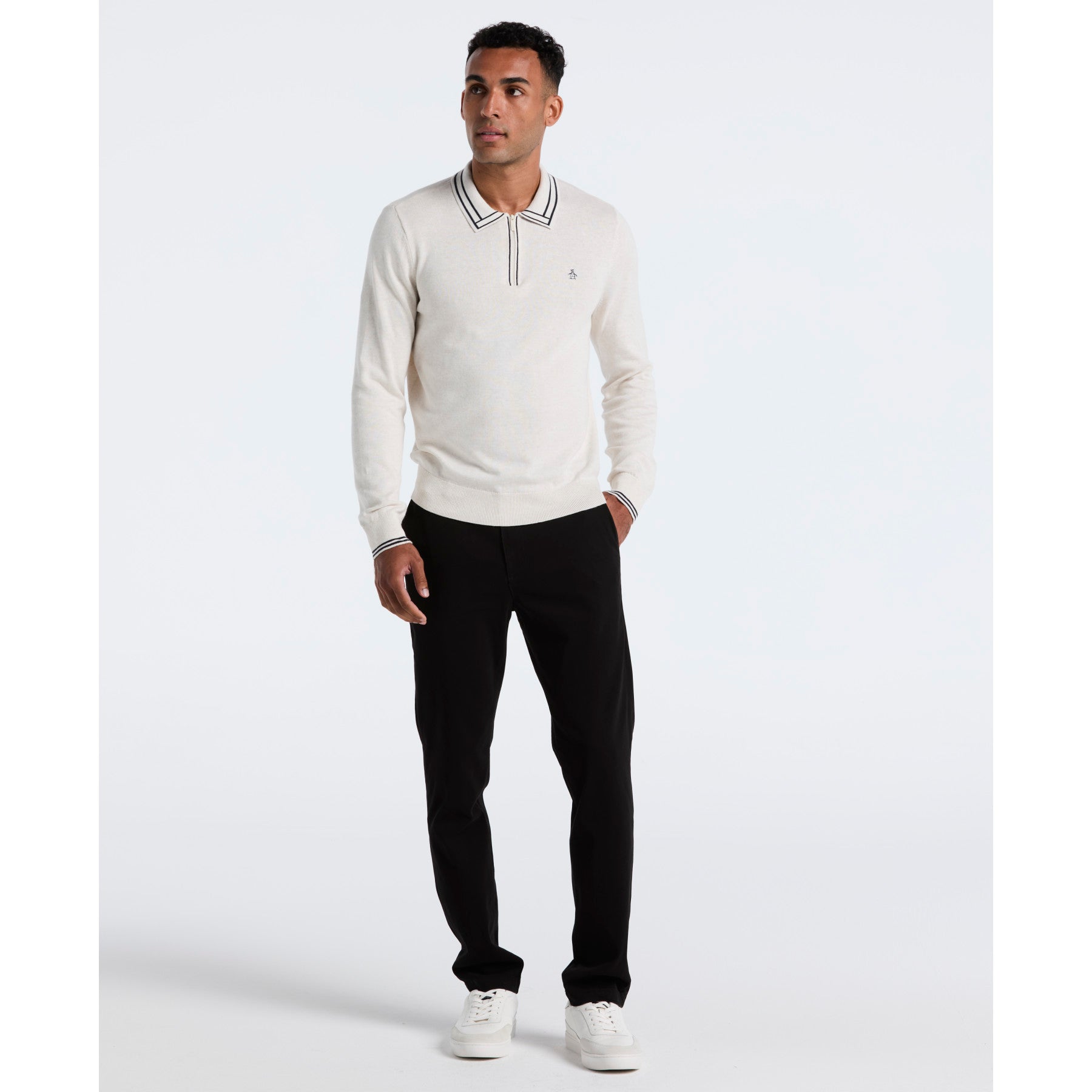 Original Penguin Tipped Quarter Zip Long Sleeve Sweater Polo In Birch Heather(Tipped Quarter Zip Long Sleeve Sweater Polo Beige Opgf2510gp 110)