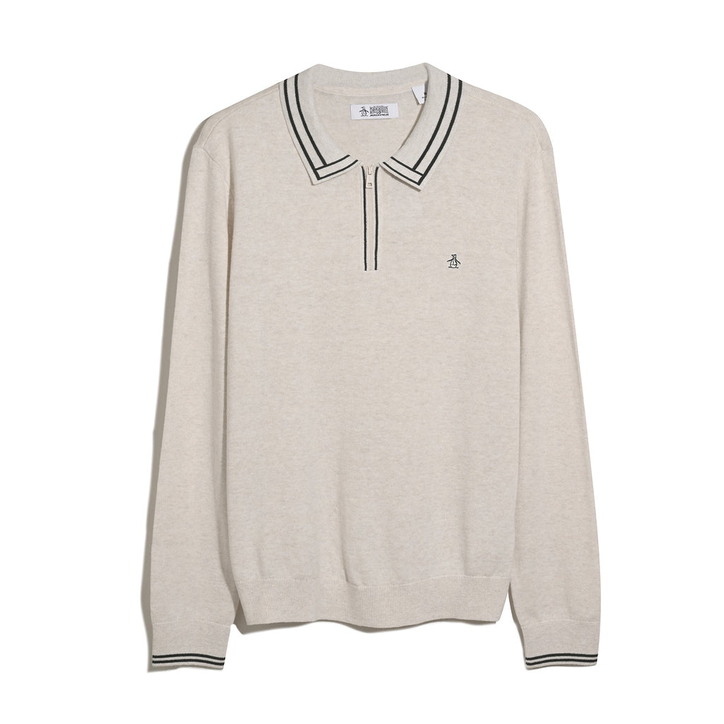 Original Penguin Tipped Quarter Zip Long Sleeve Sweater Polo In Birch Heather(Tipped Quarter Zip Long Sleeve Sweater Polo Beige Opgf2510gp 110)