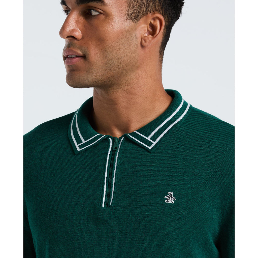 Original Penguin Tipped Quarter Zip Long Sleeve Sweater Polo In Botanical Green Heather(Tipped Quarter Zip Long Sleeve Sweater Polo Green Opgf2510gp 394)