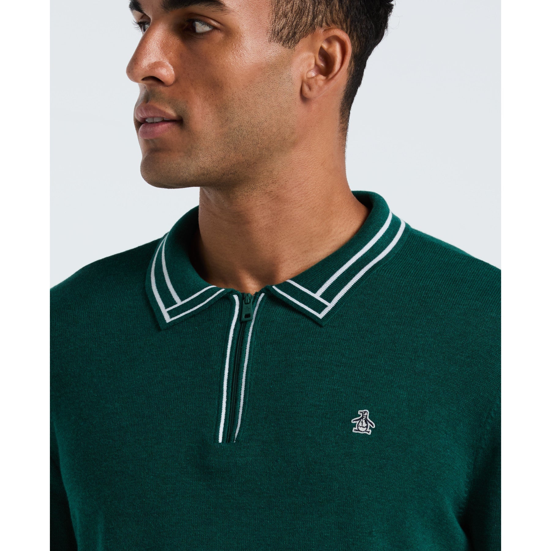 Original Penguin Tipped Quarter Zip Long Sleeve Sweater Polo In Botanical Green Heather(Tipped Quarter Zip Long Sleeve Sweater Polo Green Opgf2510gp 394)