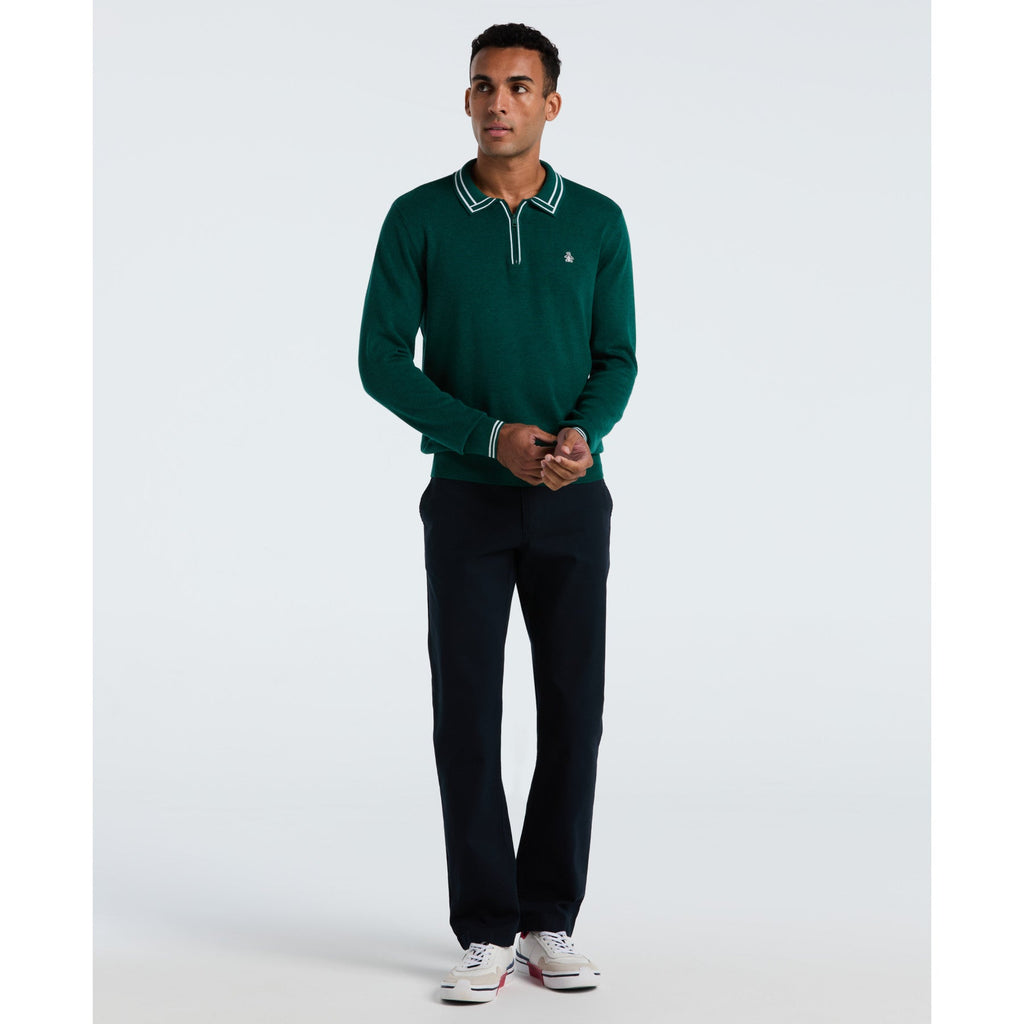 Original Penguin Tipped Quarter Zip Long Sleeve Sweater Polo In Botanical Green Heather(Tipped Quarter Zip Long Sleeve Sweater Polo Green Opgf2510gp 394)