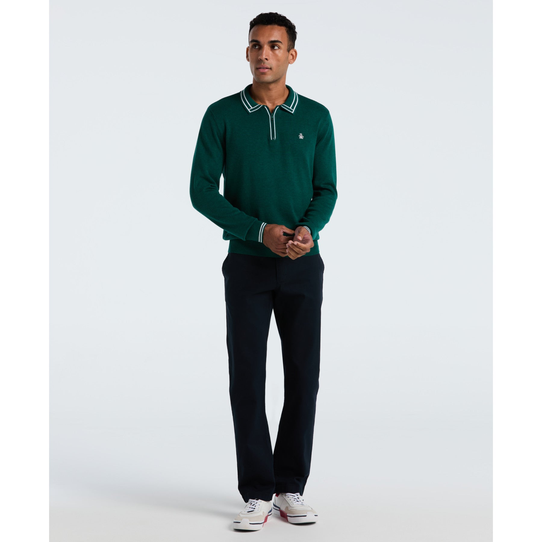 Original Penguin Tipped Quarter Zip Long Sleeve Sweater Polo In Botanical Green Heather(Tipped Quarter Zip Long Sleeve Sweater Polo Green Opgf2510gp 394)