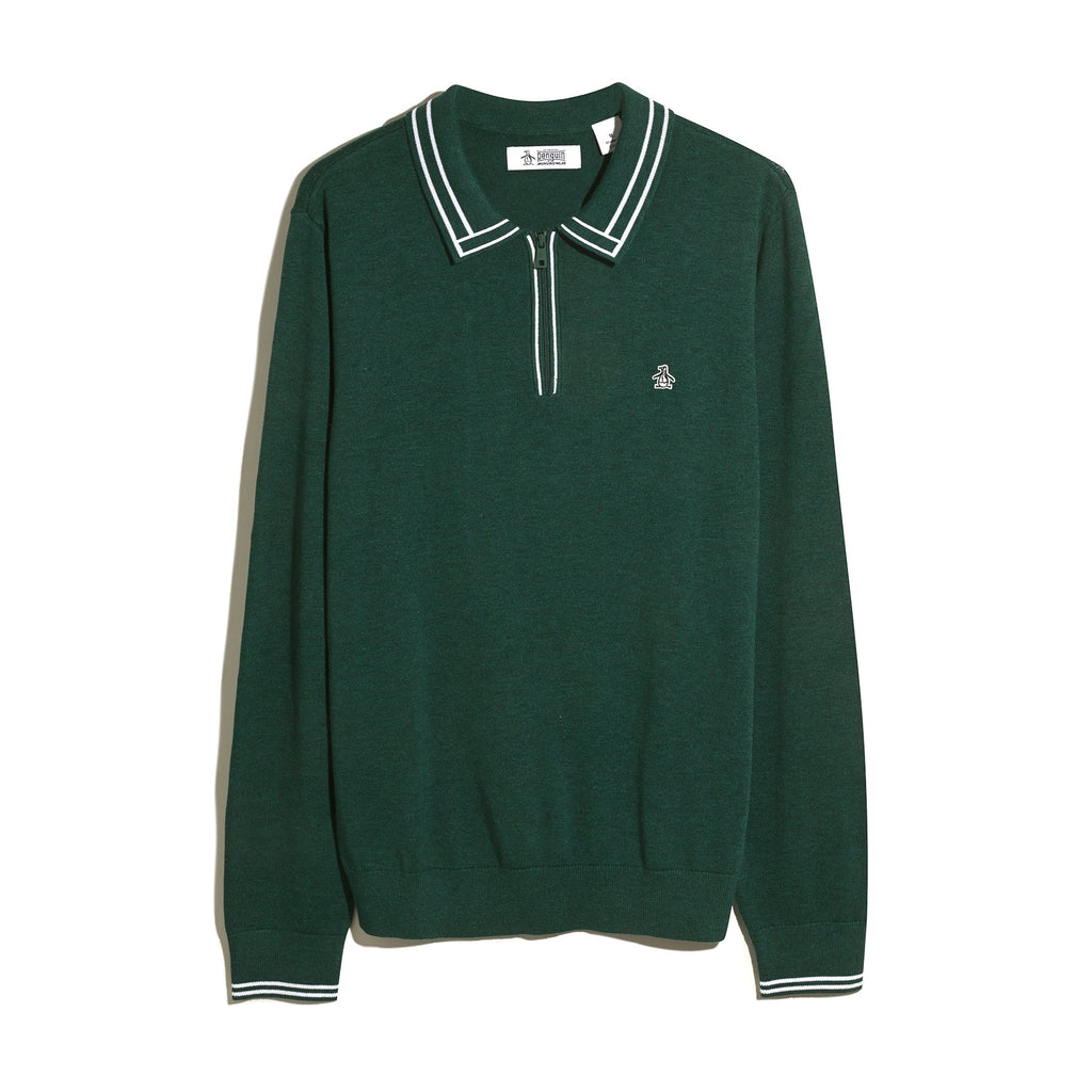 Original Penguin Tipped Quarter Zip Long Sleeve Sweater Polo In Botanical Green Heather(Tipped Quarter Zip Long Sleeve Sweater Polo Green Opgf2510gp 394)