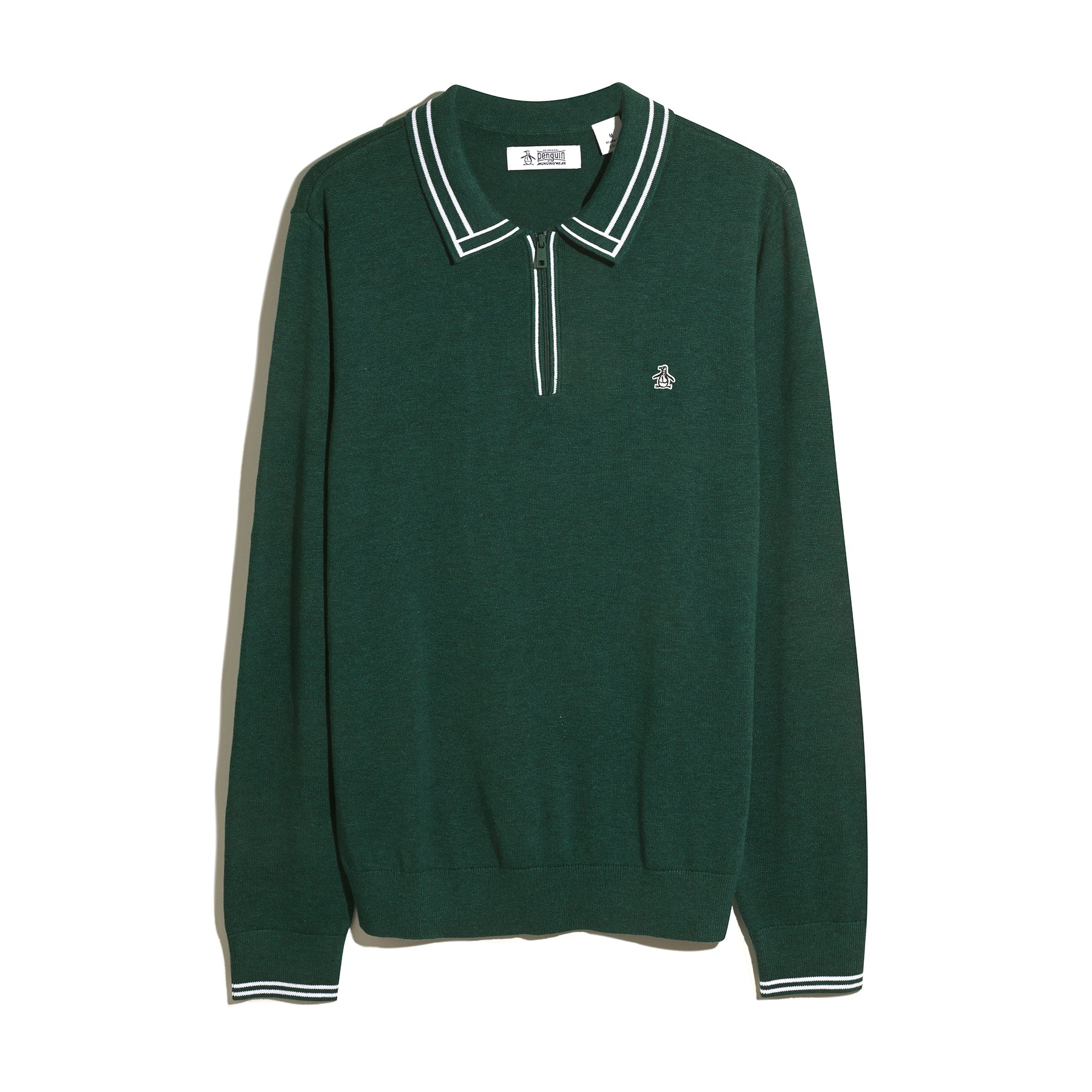 Original Penguin Tipped Quarter Zip Long Sleeve Sweater Polo In Botanical Green Heather(Tipped Quarter Zip Long Sleeve Sweater Polo Green Opgf2510gp 394)