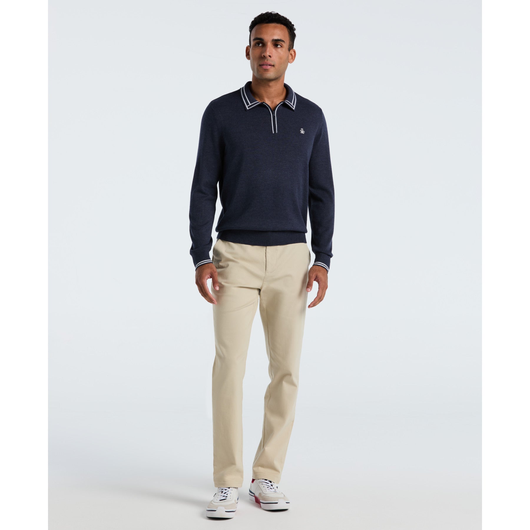 Original Penguin Tipped Quarter Zip Long Sleeve Sweater Polo In Dark Sapphire Heather(Tipped Quarter Zip Long Sleeve Sweater Polo Blue Opgf2510gp 478)